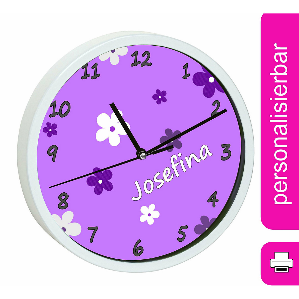 Kinder Wanduhr personalisiert mit Name Blumen Lila