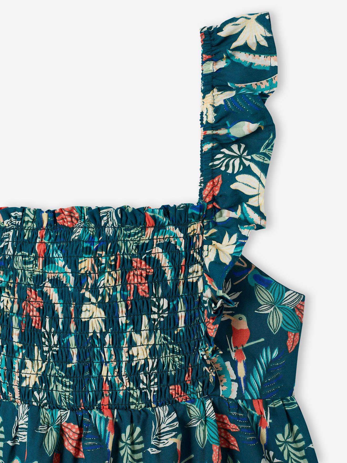Blouse smockée à bretelles volantées fille corail