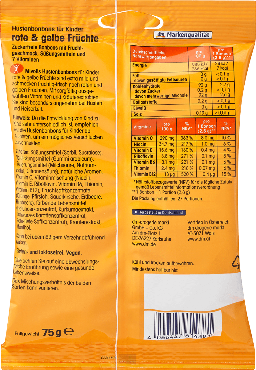 Bonbon, rote und gelbe Früchte für Kinder, zuckerfrei, 75 g