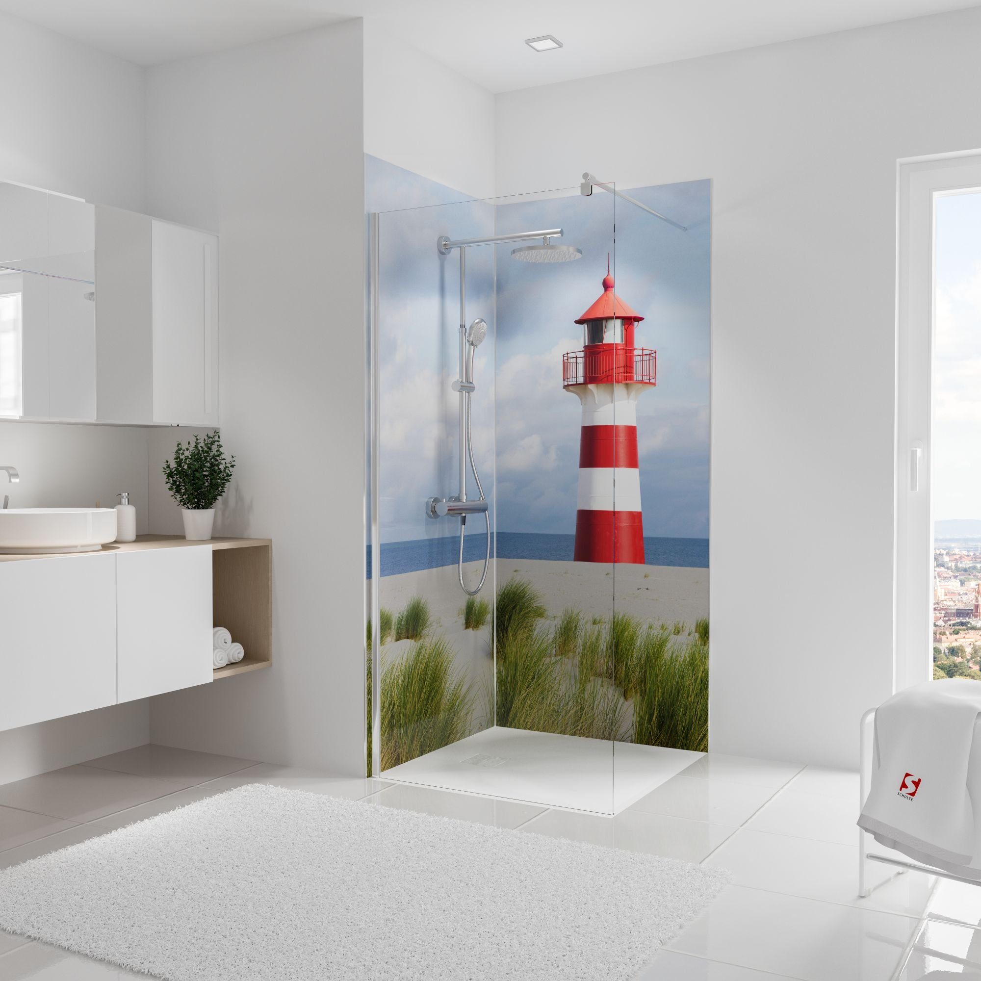 Schulte Badrückwand DecoDesign Foto über Eck Leuchtturm, (Set, 2-tlg), Wandverkleidung, fugenloser Fliesenersatz, Duschrückwand