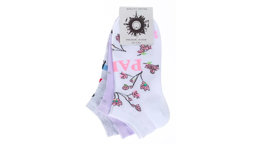 Damen Sneaker Socken Paris 3er Pack weiß,rosa, grau