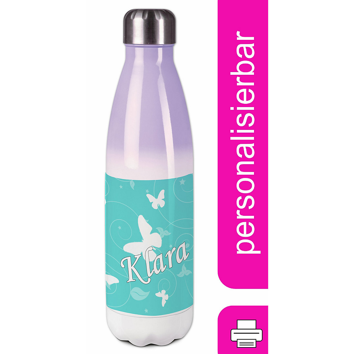 Edelstahl Kinder Thermoflasche / Trinkflasche bunt Schmetterling Ornamente Farbe türkis Spülmaschinenfest, Auslaufsicher, Bruchfest, Doppelwandig, Für Heißgetränke geeignet, Mit Deckel, Isoliert