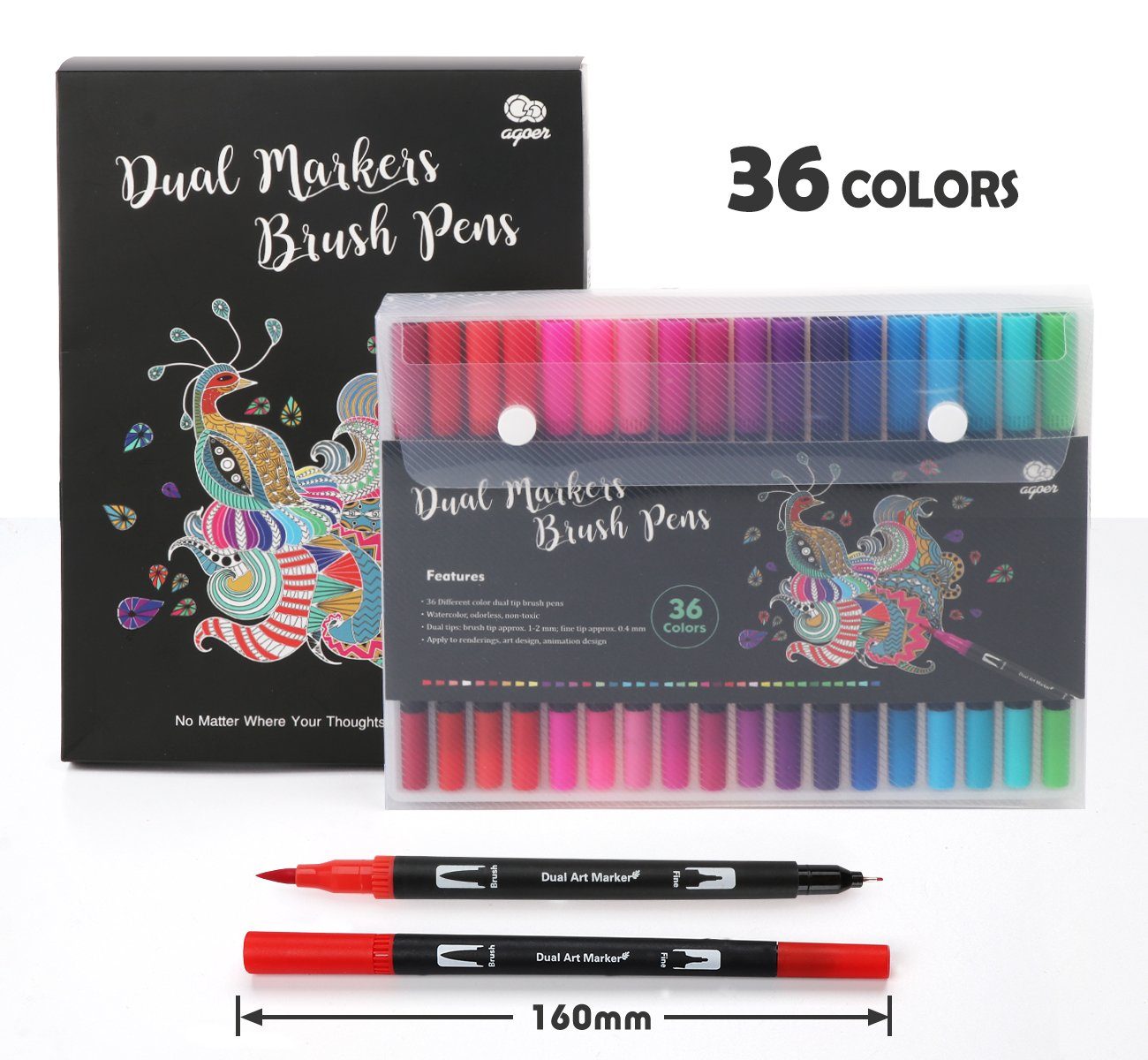 Homewit Filzstift 36 Farben Dual Brush Pen Marker mit 5 Schablonen + 1 Wassertankpinsel, (Set, 36, 36-tlg), Kunst Filzstift Set für Manga, Kalligraphie, Malen