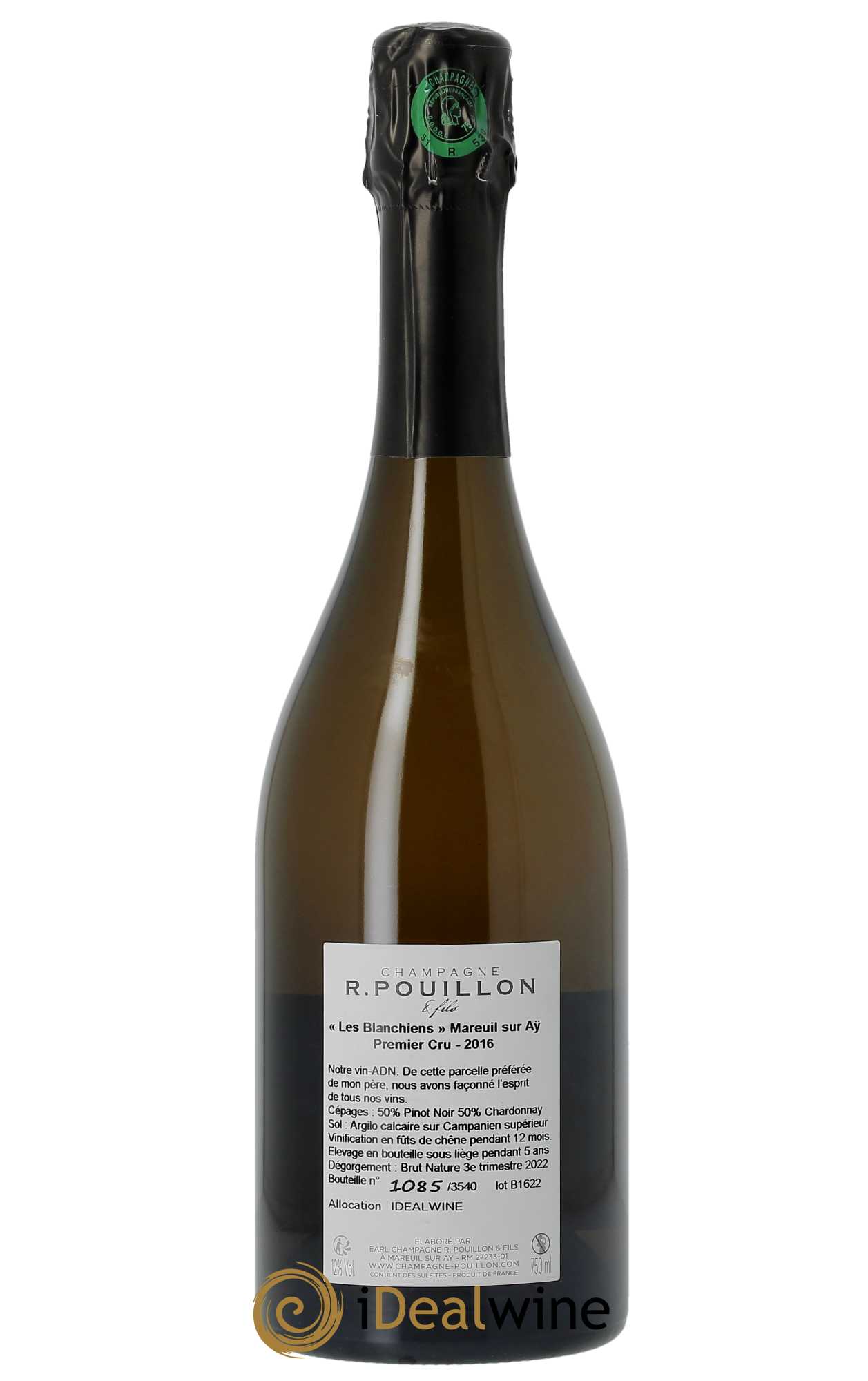 Premier Cru Les Blanchiens Brut Nature R. Pouillon & fils  2016 - Lot de 1 Bouteille
