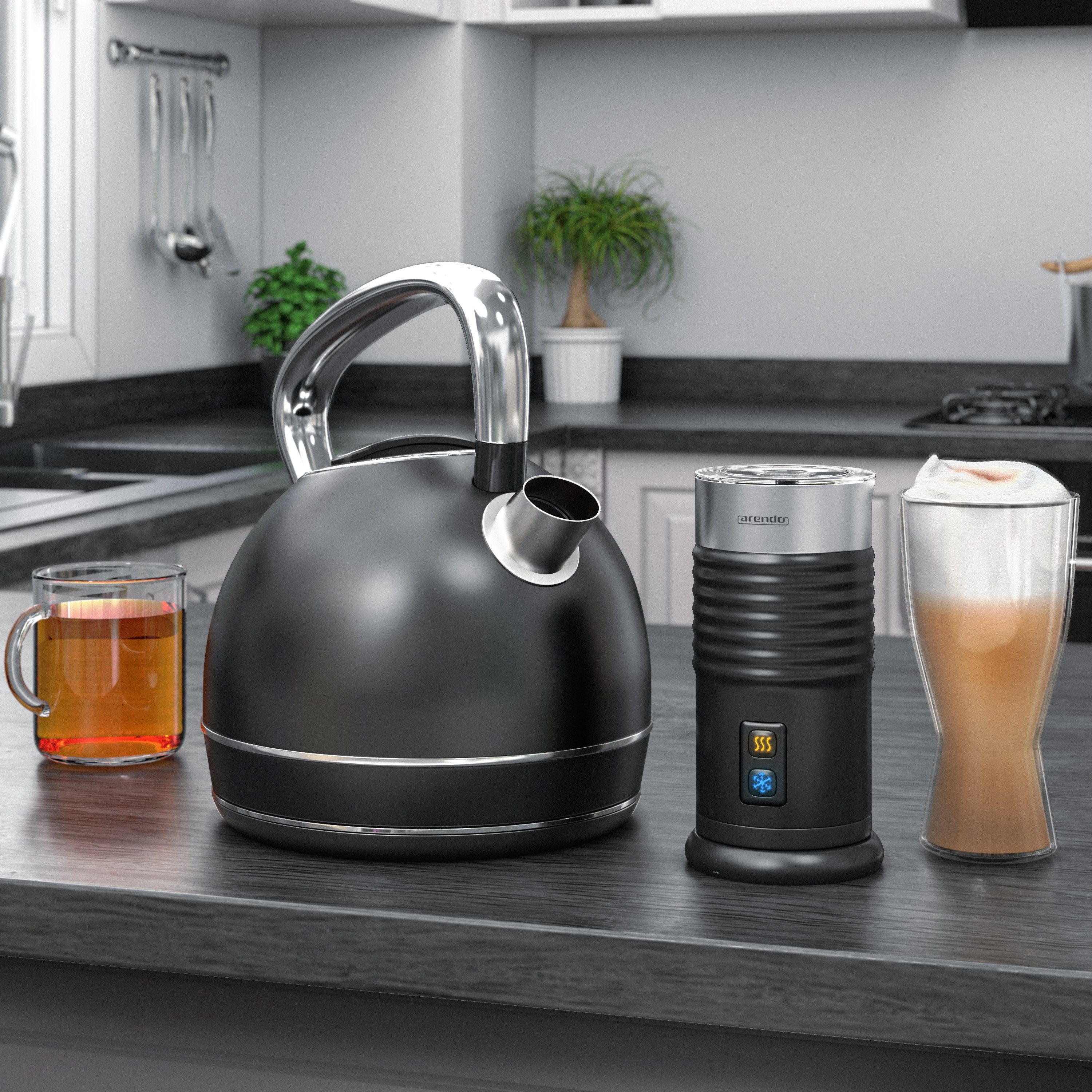 Arendo Frühstücks-Set (2-tlg), Wasserkocher 1,7l & Milchaufschäumer, Edelstahl, Matt Schwarz