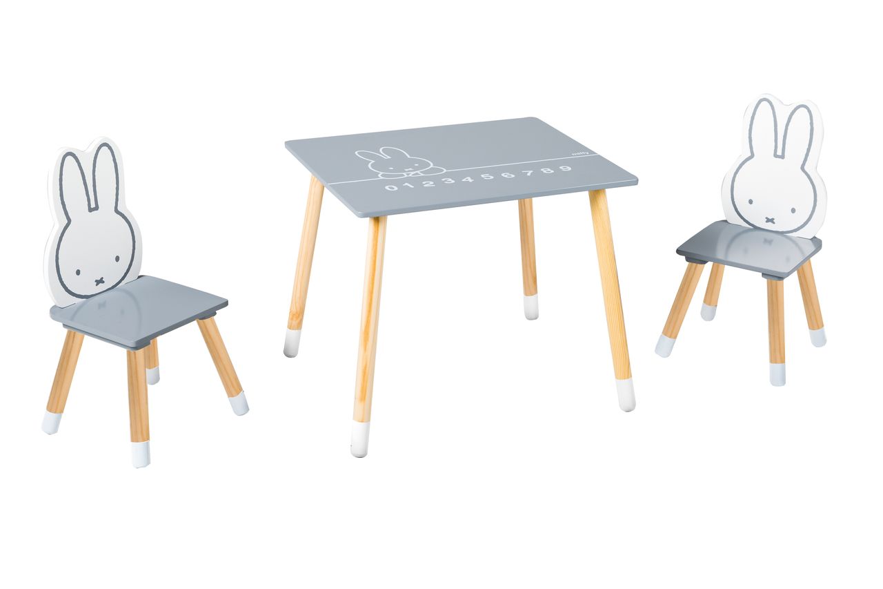 Roba Kinder Sitzgruppe miffy®, 2 Kinderstühlen & 1 Tisch, Holz, dunkelgrau, weiß, lackiert