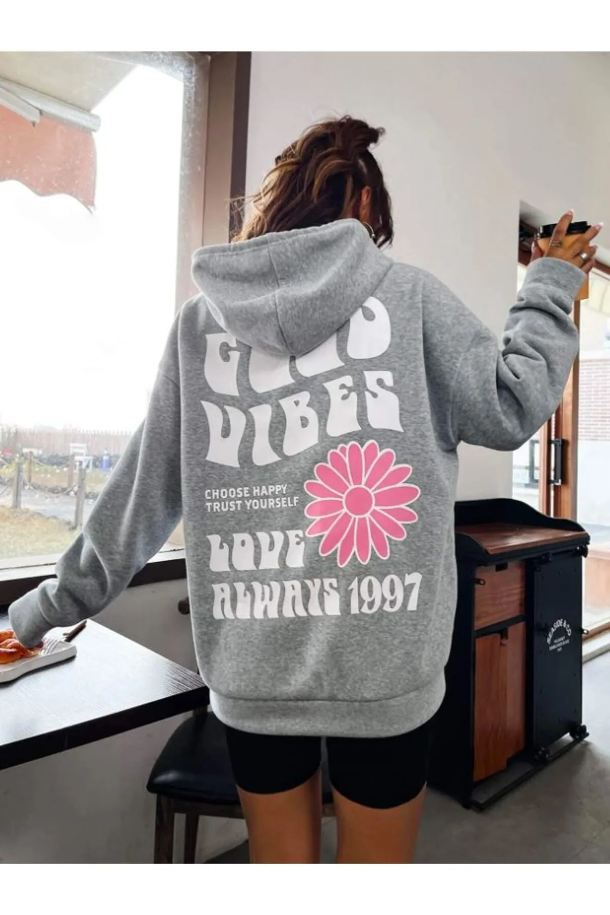 Know  Graues „Good Vibes 1997“-Kapuzenpullover mit Print für Damen
