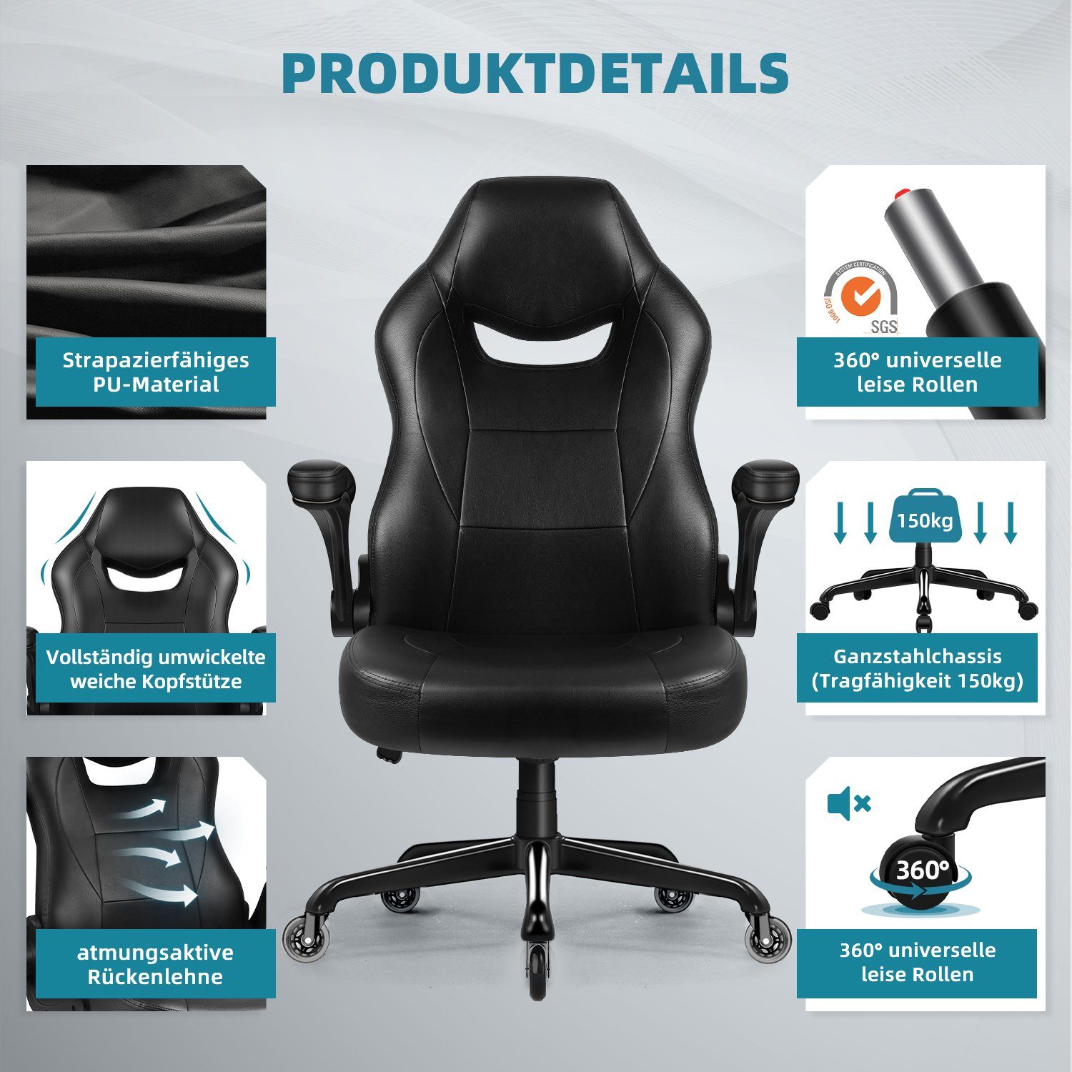Aiidoits Gaming-Stuhl Bürostuhl, Gaming Stuhl, Chefsessel Gaming Sessel Computerstuhl (Packung), 90° klappbare Armlehne