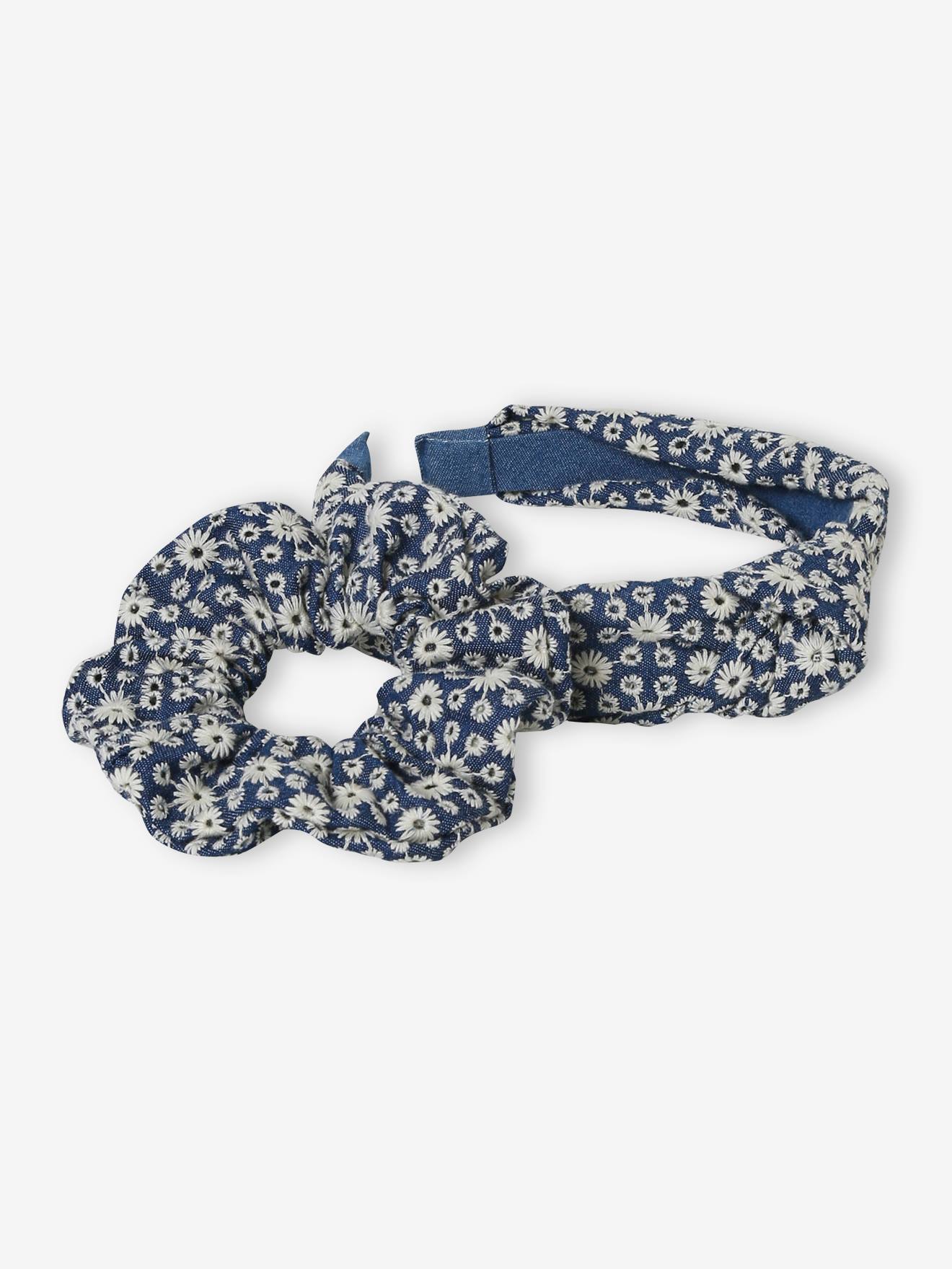 Ensemble serre-tête + choucou broderie anglaise fille bleu jean