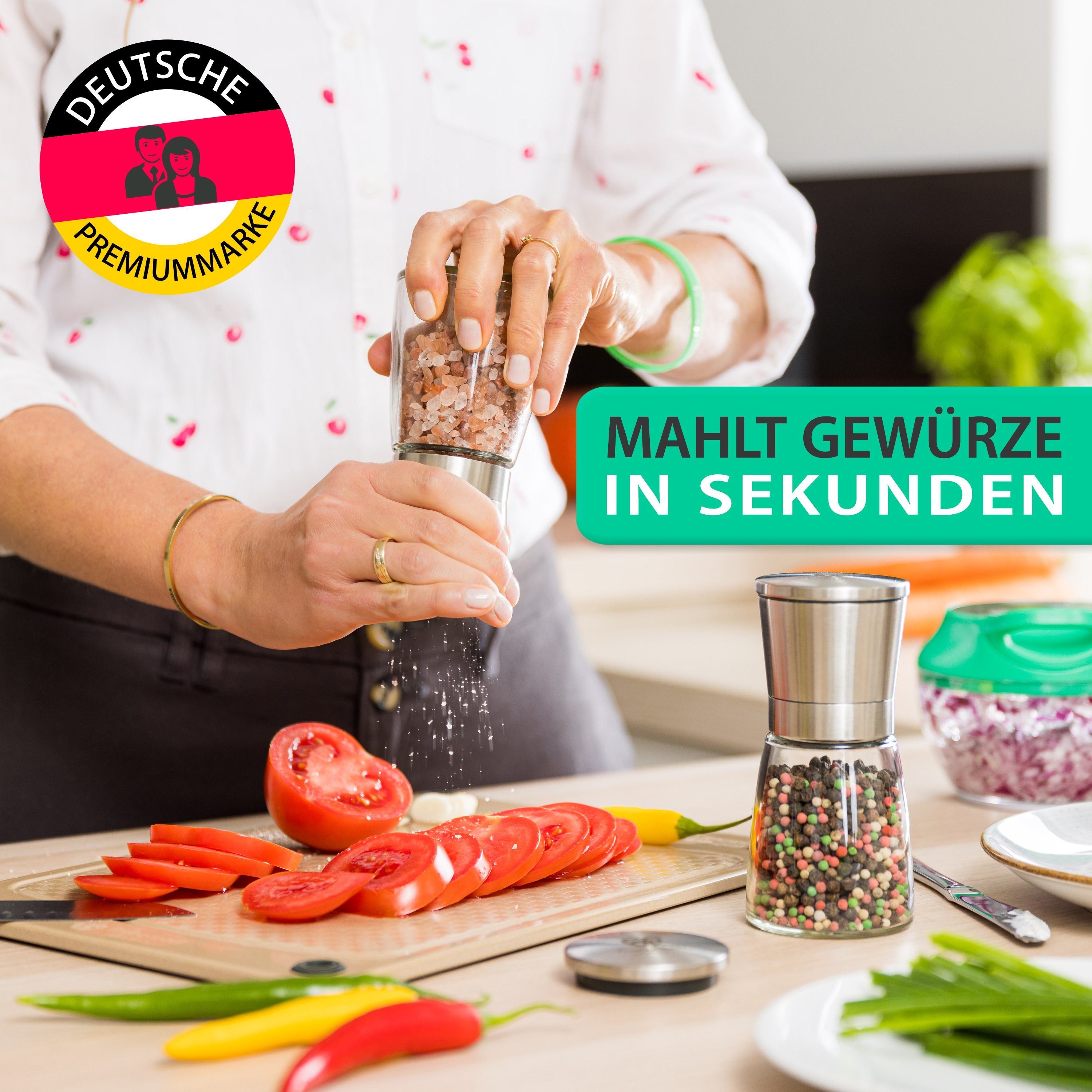 freegreen® Gewürzmühle PREMIUM Salz und Pfeffermühle 14cm 2er Set + Clean Eating Kochbuch Manuell für ein einzigartig gleichmäßiges Mahlergebnis!, mit verstellbarem Keramik-Mahlwerk und Geschenkverpackung