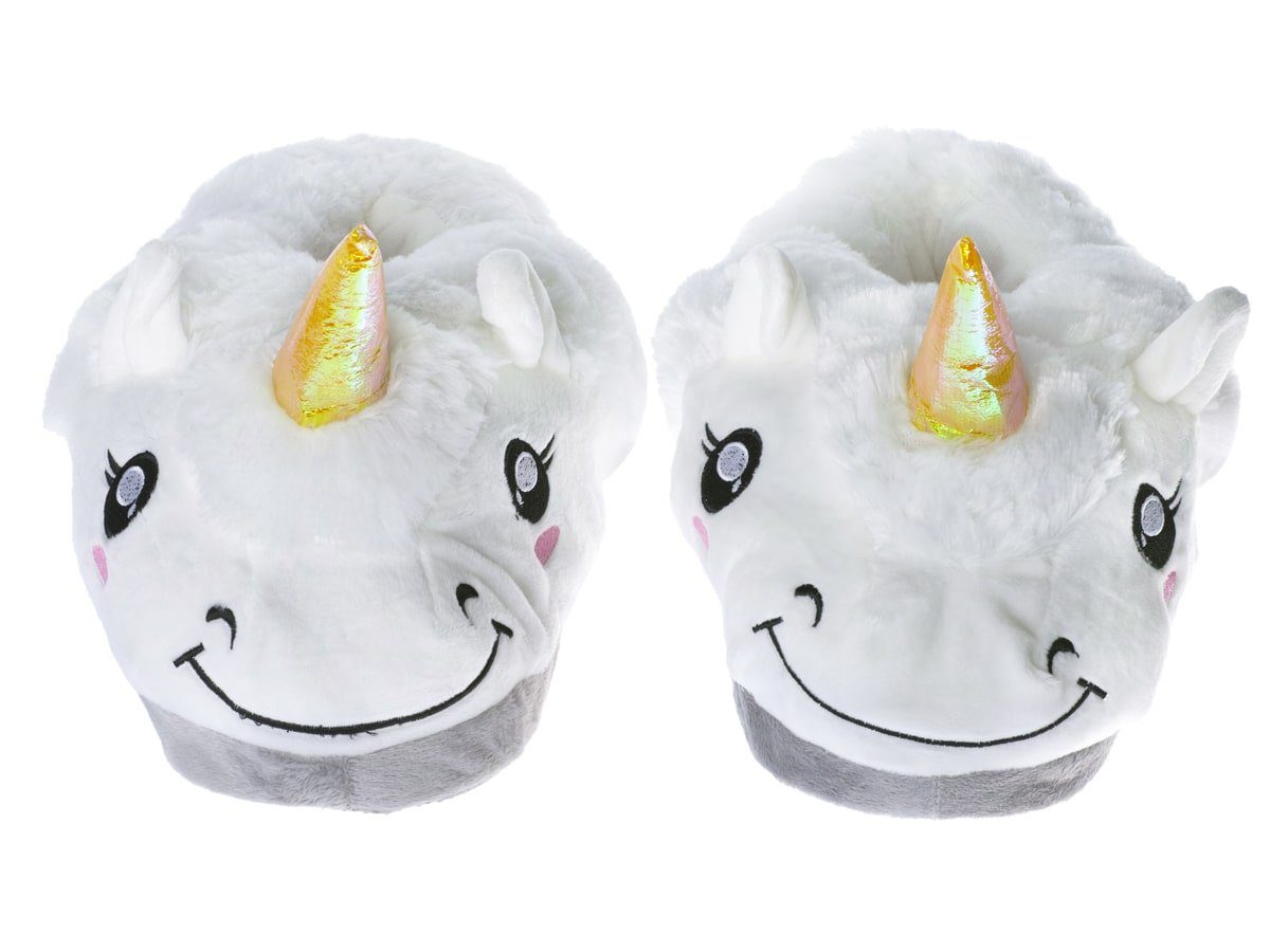 GalaxyCat Süße Plüsch Einhorn Hausschuhe mit Glitzerhorn, Weiß Hausschuh Einhorn Pnatoffeln mit Glitzerhorn