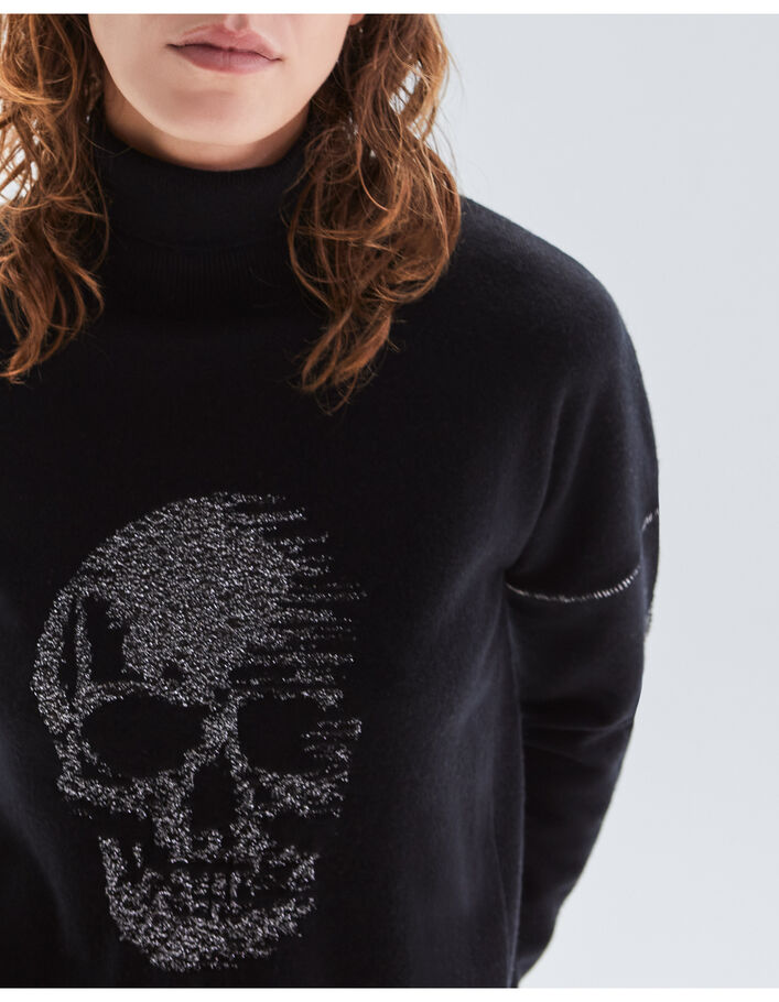Pull noir col roulé tricot visuel tête de mort Femme