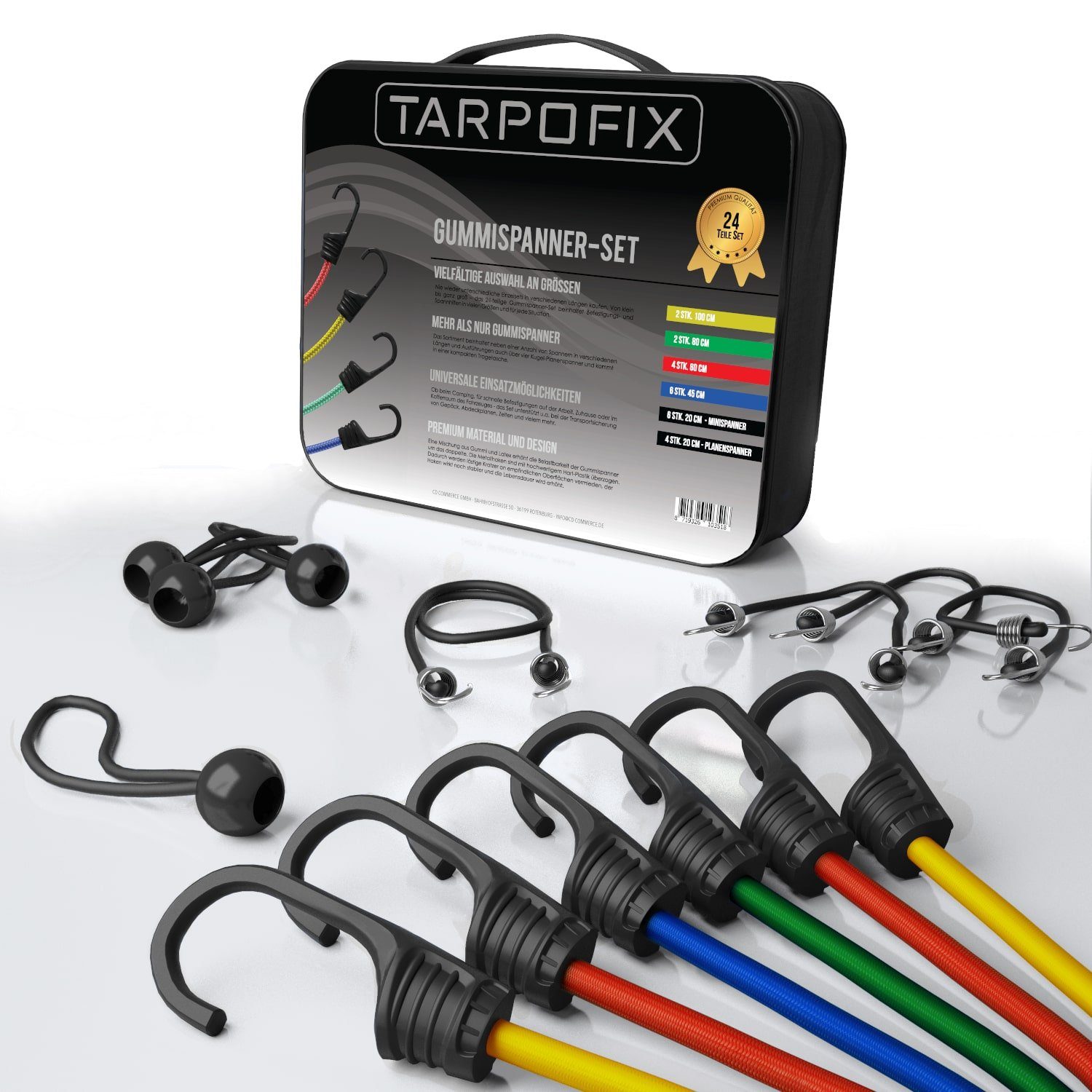 Tarpofix® Spanngurt Gepäckspanner Spanngummi Set 25-100 cm (24er-Set) Kunststoff ummantelte Expander Haken - universell nutzbar als Spanngurte, Gepäckgummis & Spannseile