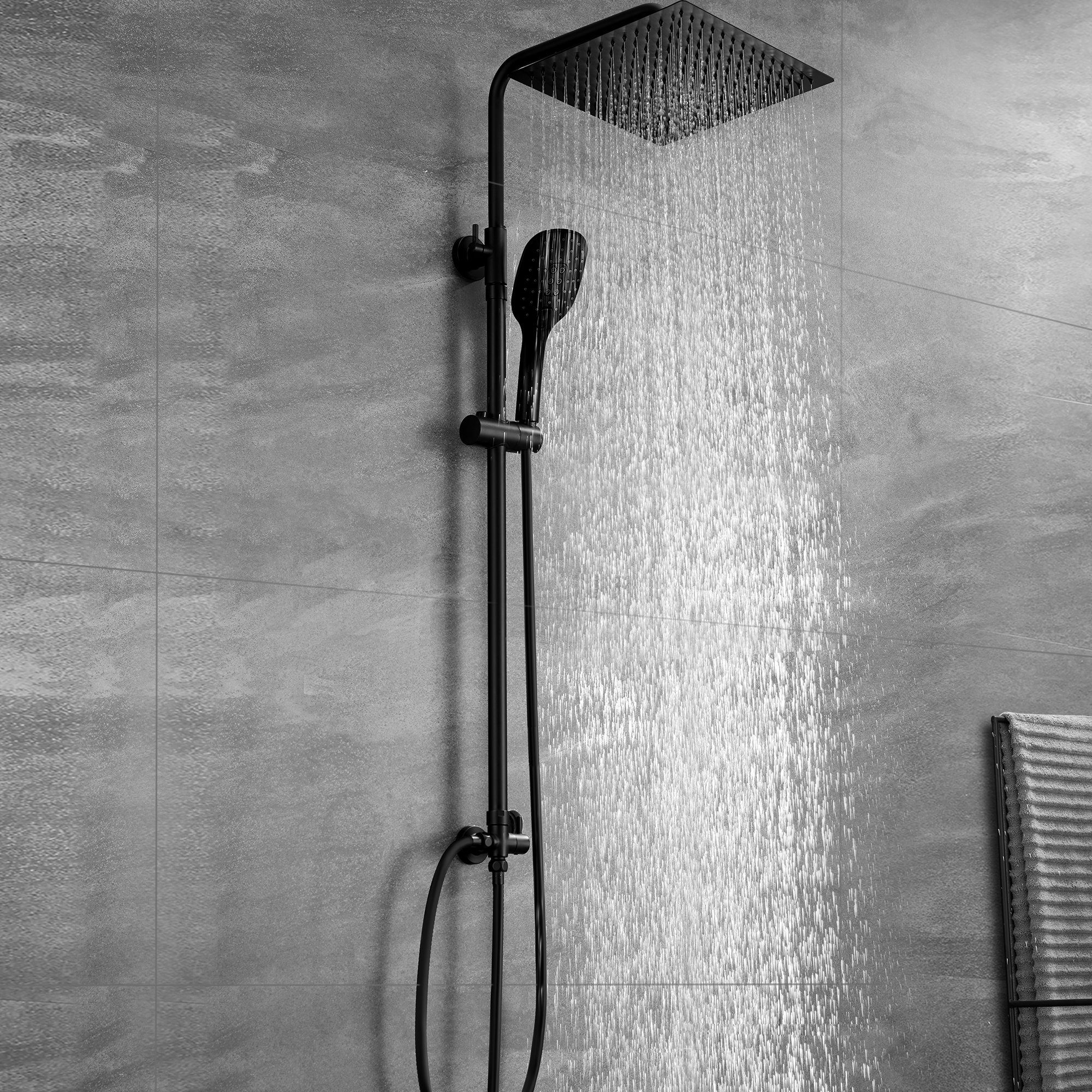 JOHO Brausegarnitur Duschsystem Duschset Dusche Schwarz Edelstahl, Höhe 114 cm, 3 Strahlart(en), Kopfbrause 2020cm, universell einsetzbar für vorhandene Löcher