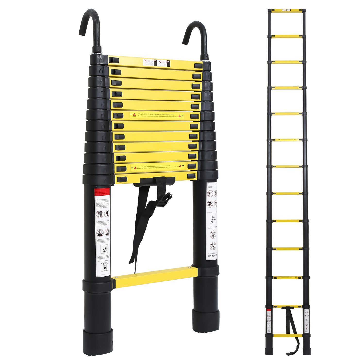 Lospitch Teleskopleiter Teleskopleiter Alu 3.8m Ausziehleiter Anlegeleiter mit haken