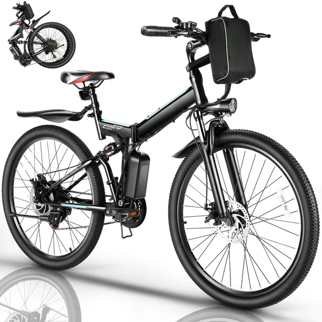 Gocio 26 in. Electric Bike for Adults, 500W Folding Electric Mountain Bicycle Max 50Miles, Full Suspension, 48V Foldable E-Bike with Removable 374.4Wh Lithium-Ion Battery Electric City Bike