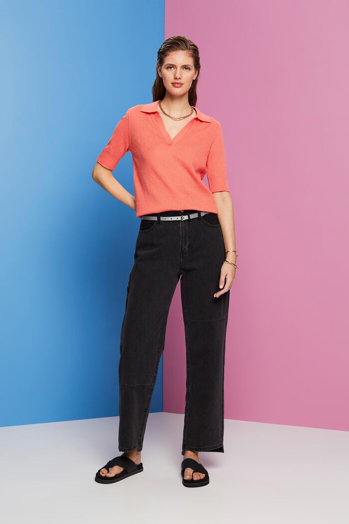 Pointelle-Pullover mit Polokragen, Seidenmix