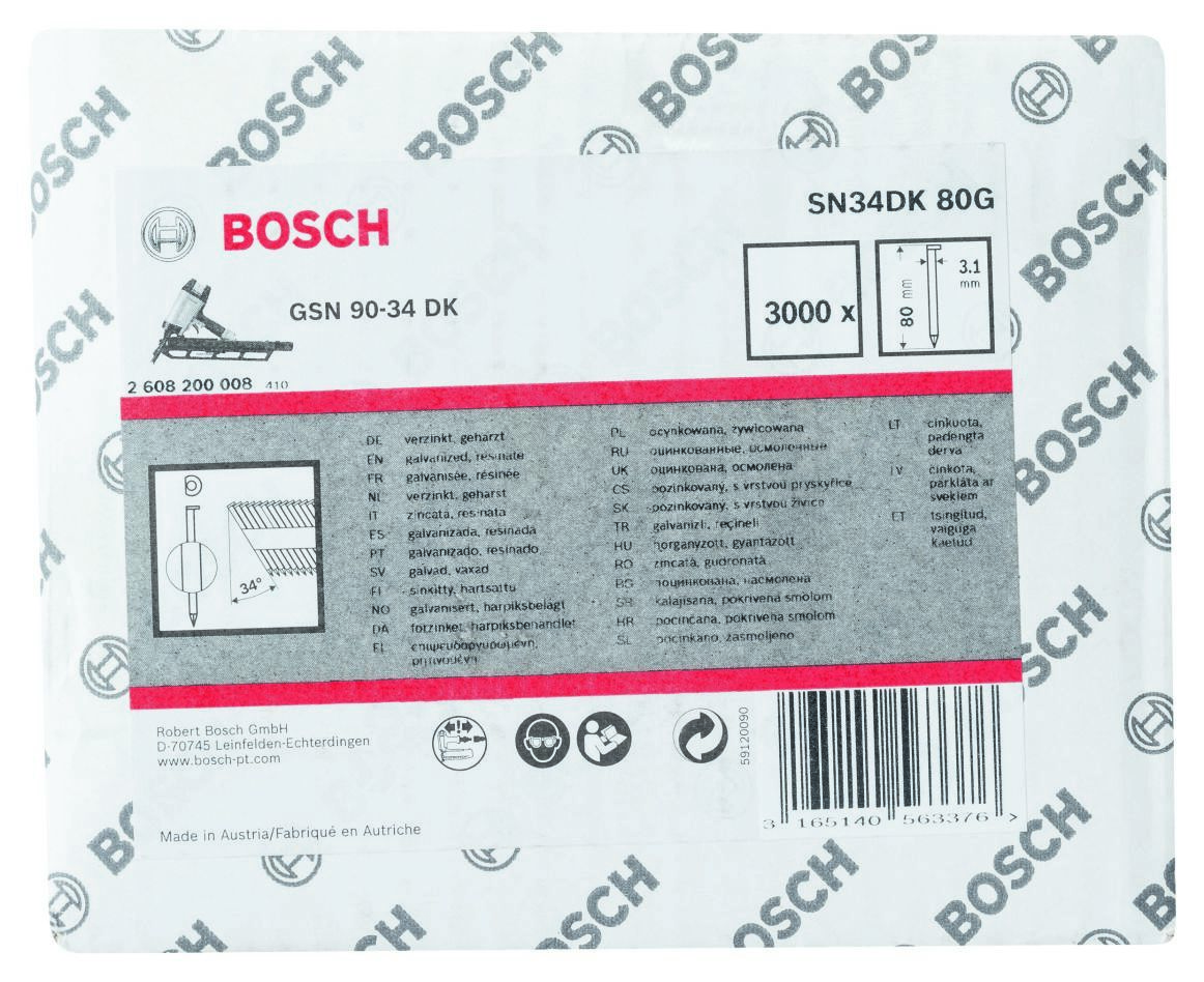 Bosch Blue Accessories 2608200008 SN34 DK 80G sloksnes nagla 34° D-veida galva cinkota gluda 80 mm 3000 gabali