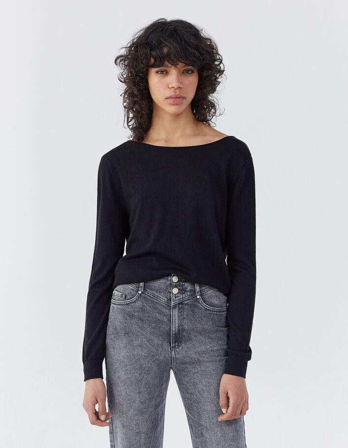 Pull noir maille tricot encolure V apport dentelle femme