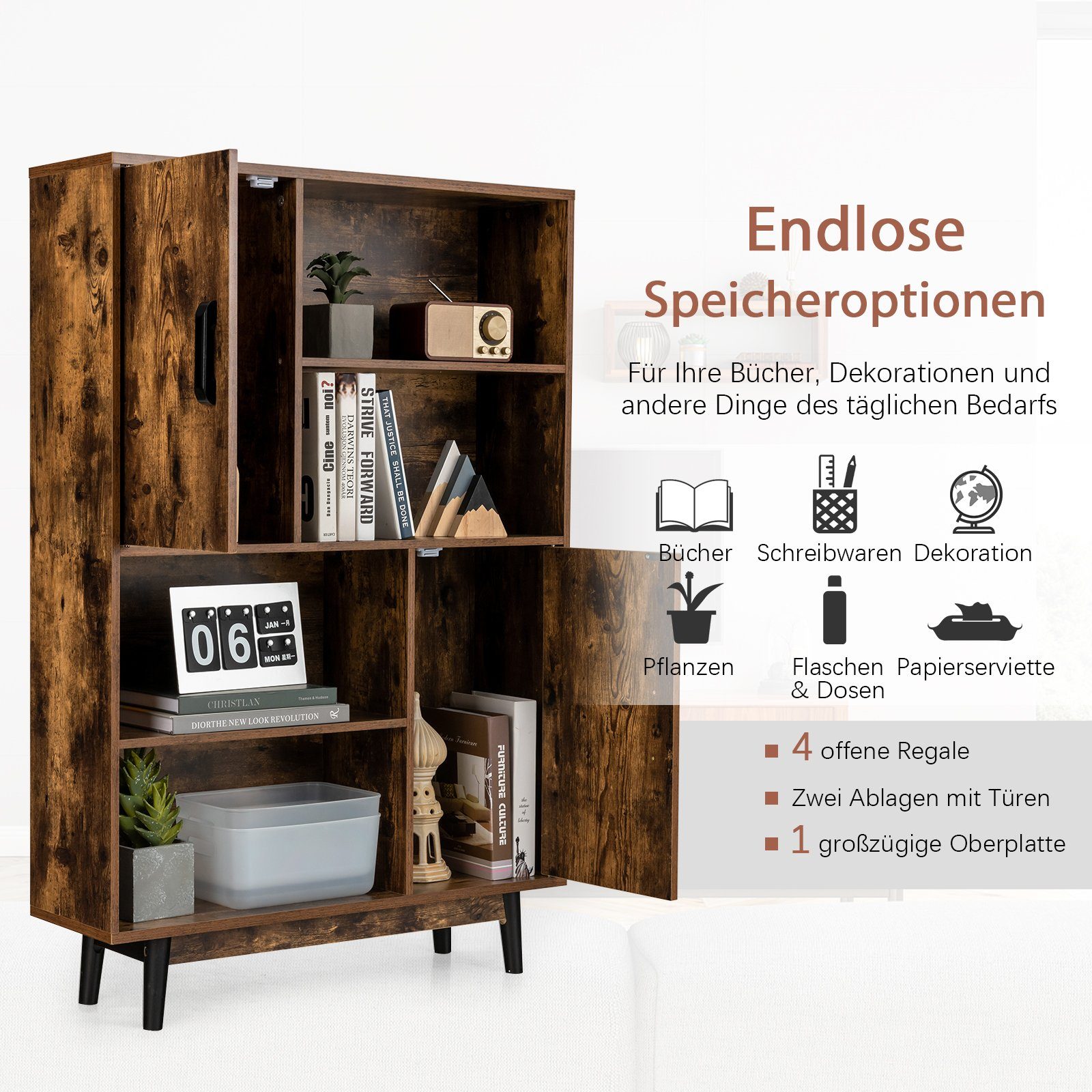 COSTWAY Bücherregal, mit 2 Türen & 4 Regalen, Kippsicherung, Holz, 80x24x120cm