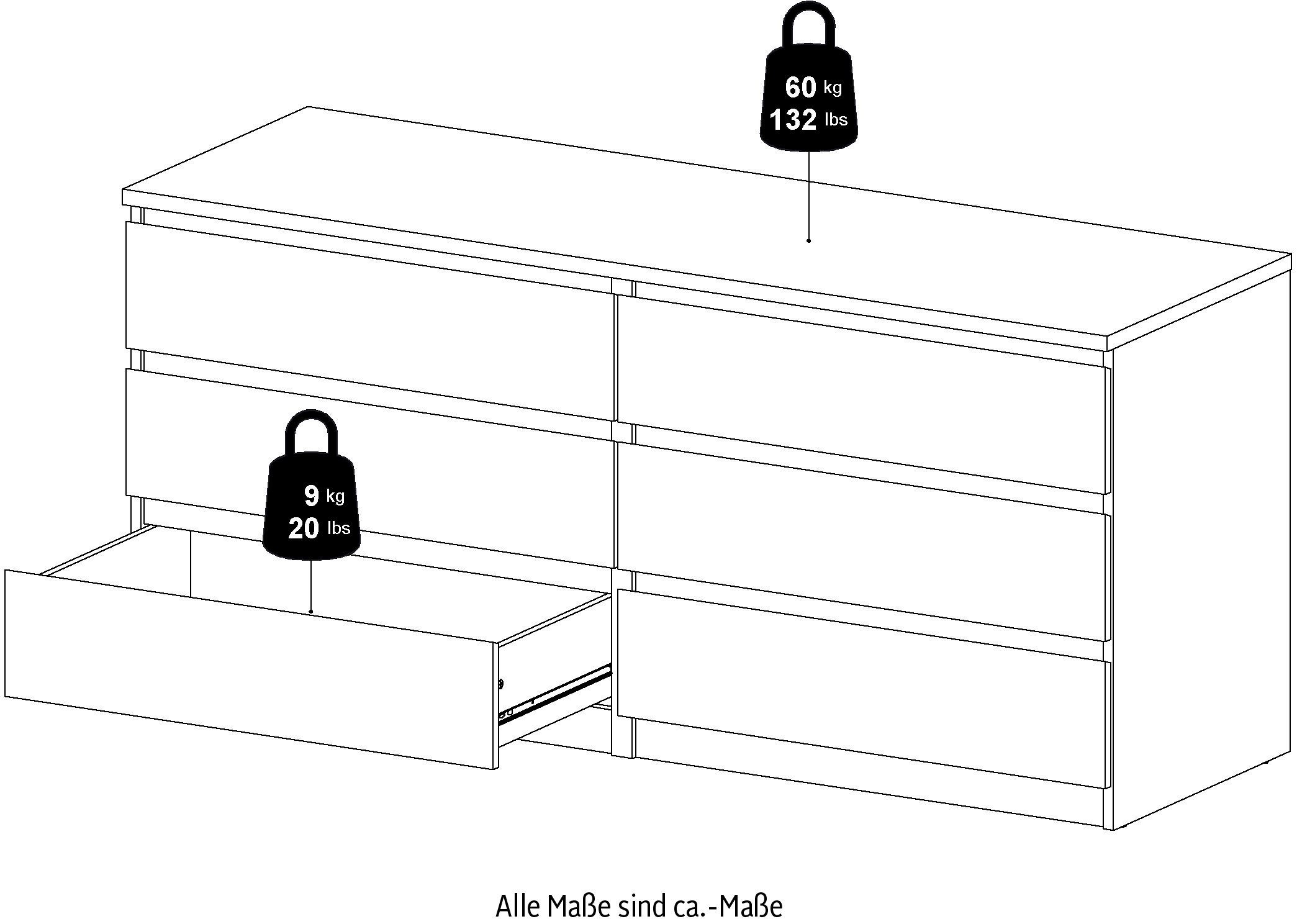 Home affaire Kommode Naia, Hochglanz-Optik, mit abgerundeten Schubladenkanten auf Metallgleiter