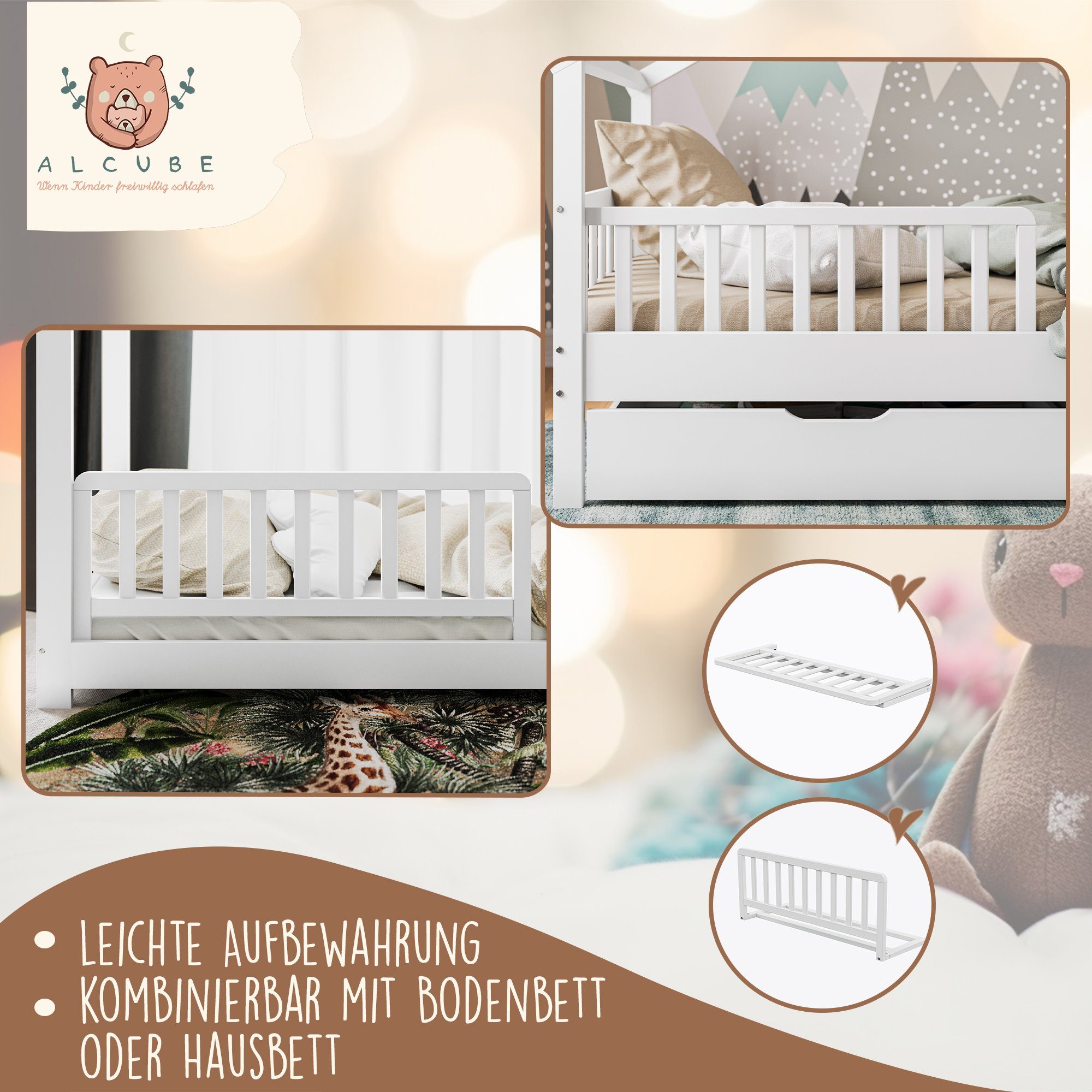 Alcube Bettschutzgitter für Kinder aus Kiefernholz I GRATIS Lieferung (90x36 cm Bettgitter in weiß I kombinierbar mit dem Elternbett oder, Kinderbett wie Hausbett), Tipibett I verwendbar als Rausfallschutz für Bett