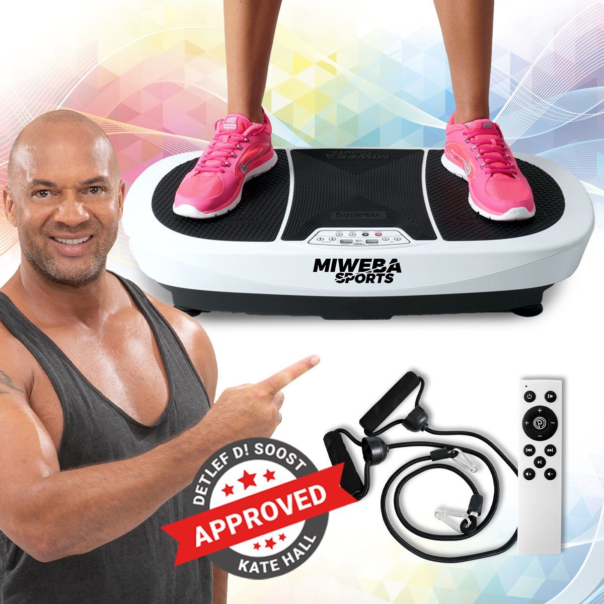 Miweba Sports Vibrationsplatte Vibrationsboard MV200 inkl. Fernbedienung - 3D-Vibration, 400 W, 99 Intensitätsstufen, (Widerstandsbänder & Übungsposter, LED-Display, Ganzkörpertraining, Fettverbrennung, Trainingsgerät, Sportgeräte Fitnessgeräte für Z