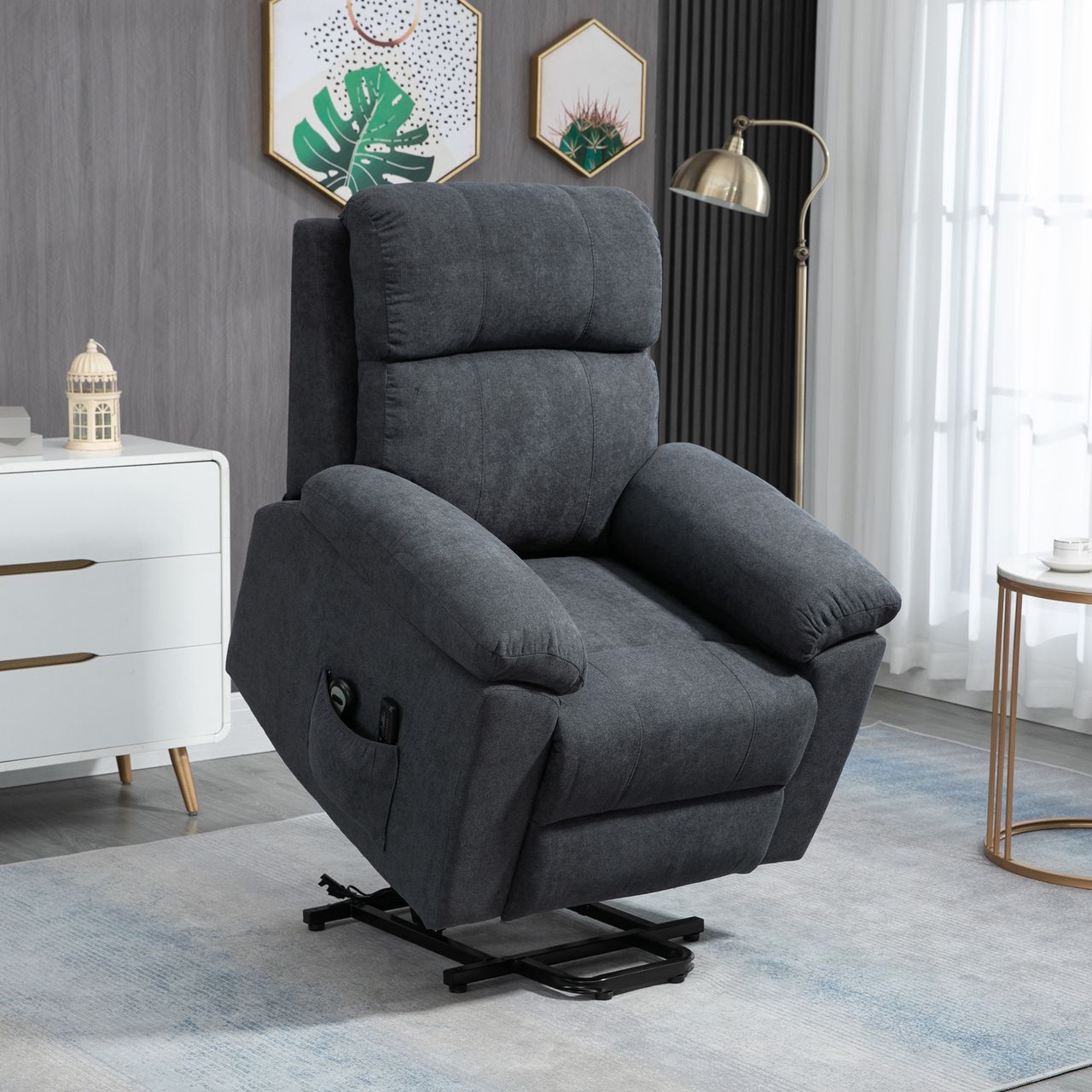 HOMCOM Sessel mit Aufstehhilfe, Relaxsessel, Massagesessel mit Seitentasche