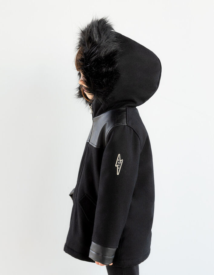 Manteau noir bi matière fourré fille