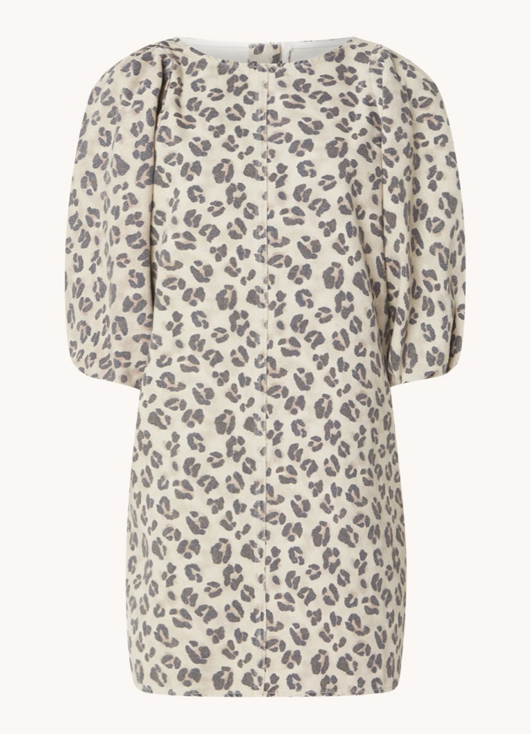 Vestido túnica corto de mezclilla con estampado de leopardo de Zasu by bar, con mangas abullonadas.