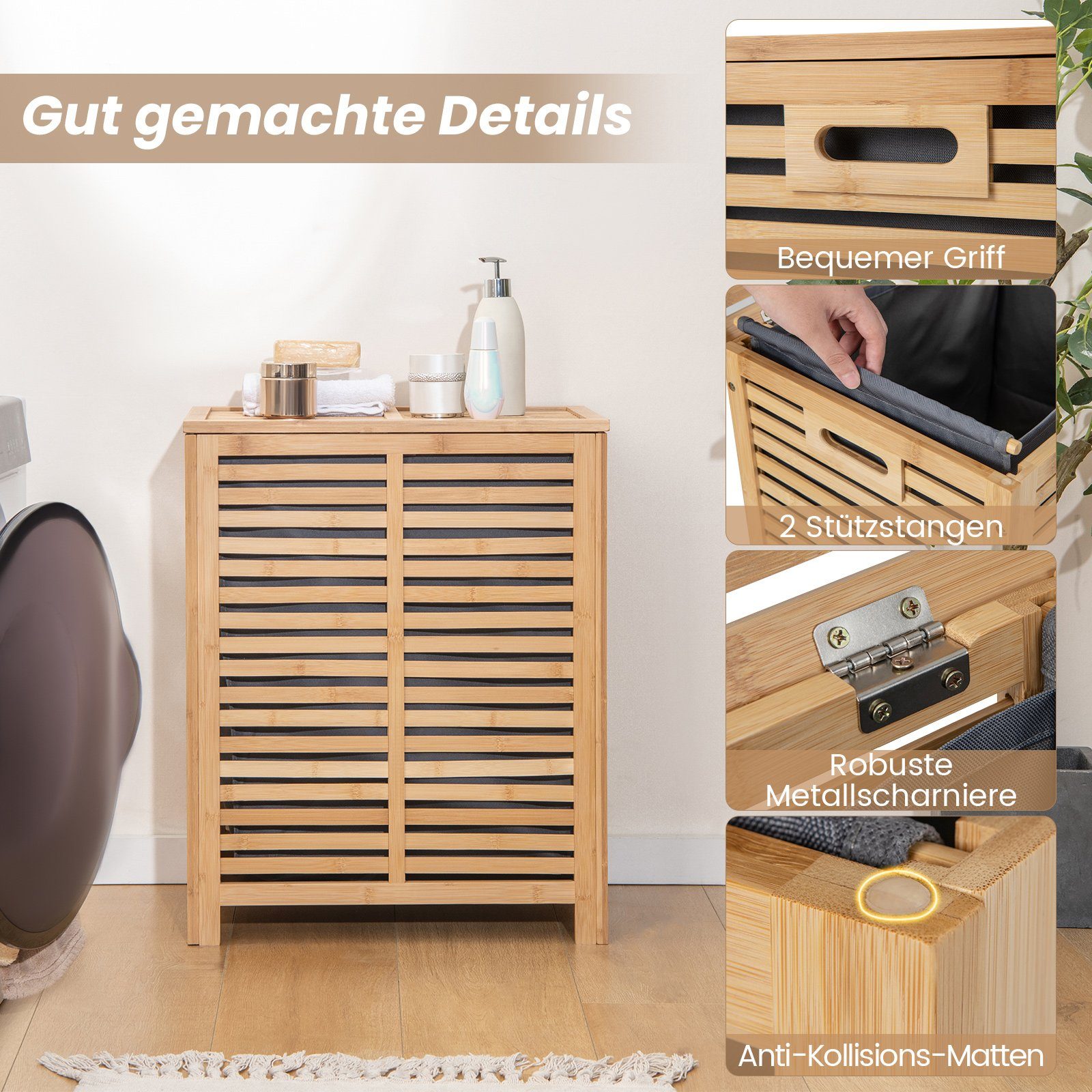 COSTWAY Wäschekorb, Bambus, 80L, mit Deckel & ausnehmbarem Wäschesack, Natur