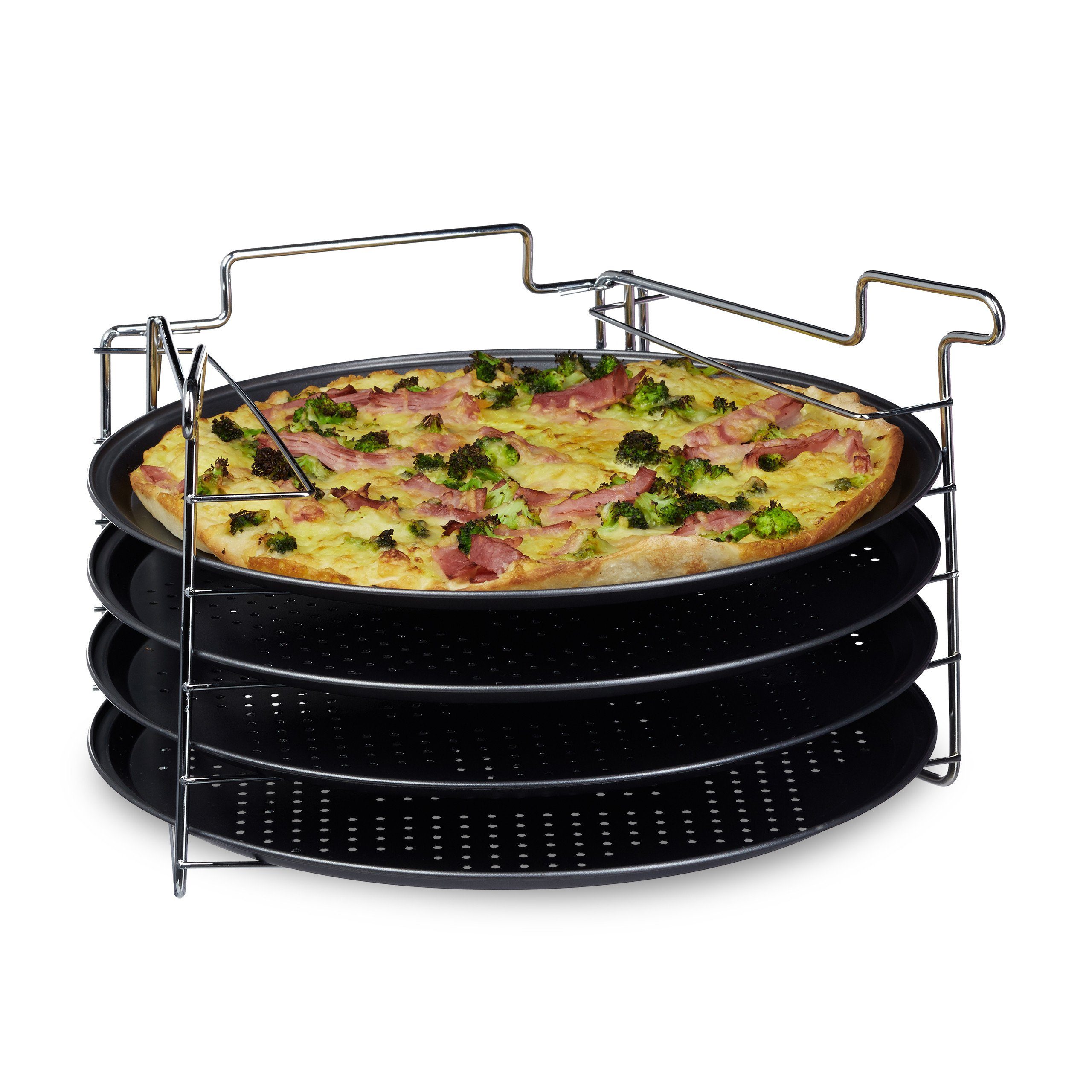 relaxdays Pizzablech Pizzablech 4er Set mit Ständer, Eisen
