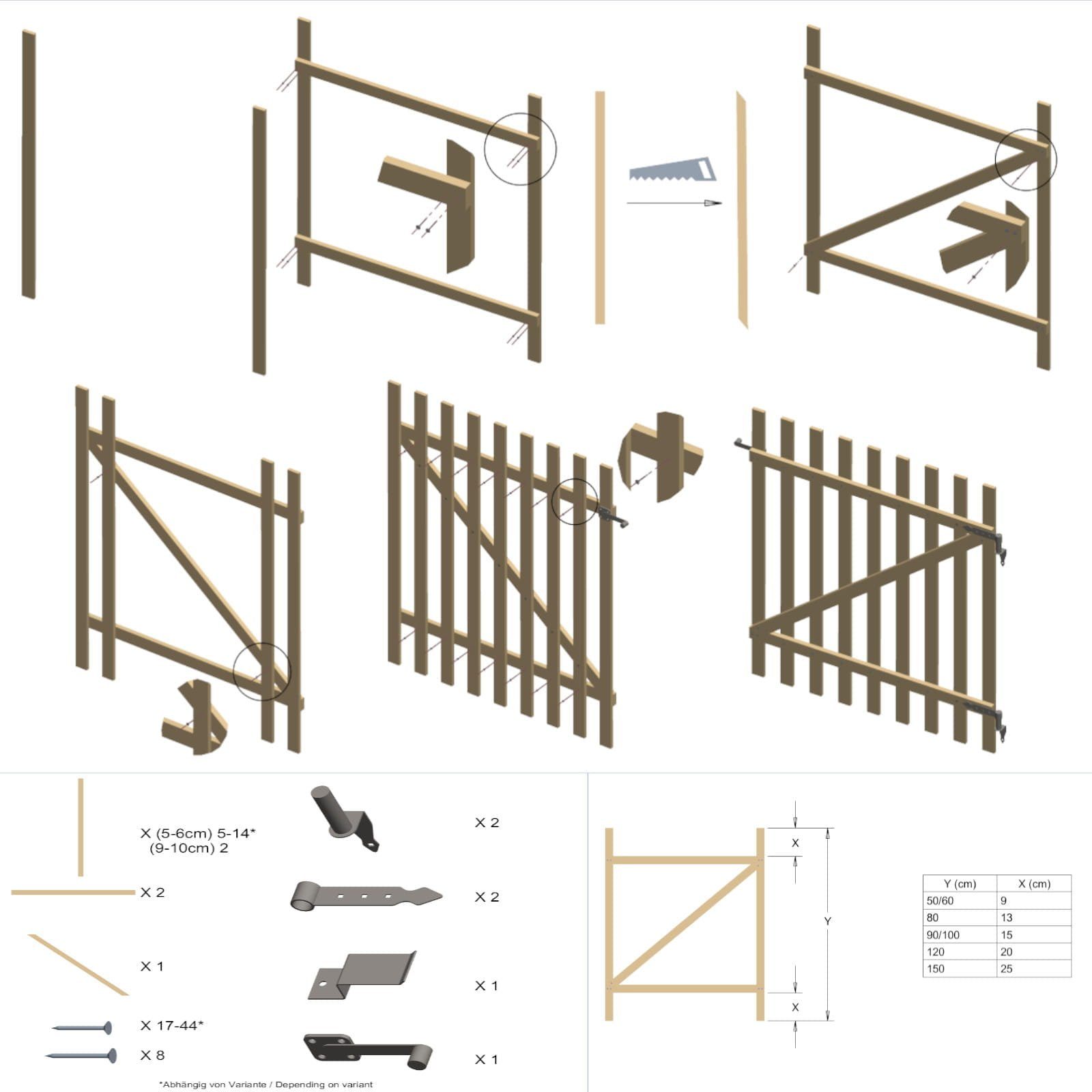 BooGardi Gartentor Staketentor Bausatz, (Höhe 30cm x Breite 100cm Lattenabstand 7-9cm · 168 Größen), Gartentür Holztor Staketenzaun Zauntor Gartenzaun