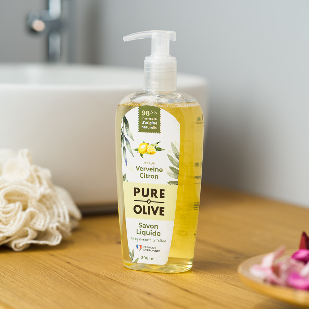 pure olive Savon liquide 100% olive parfum verveine  et citron Savon liquide
