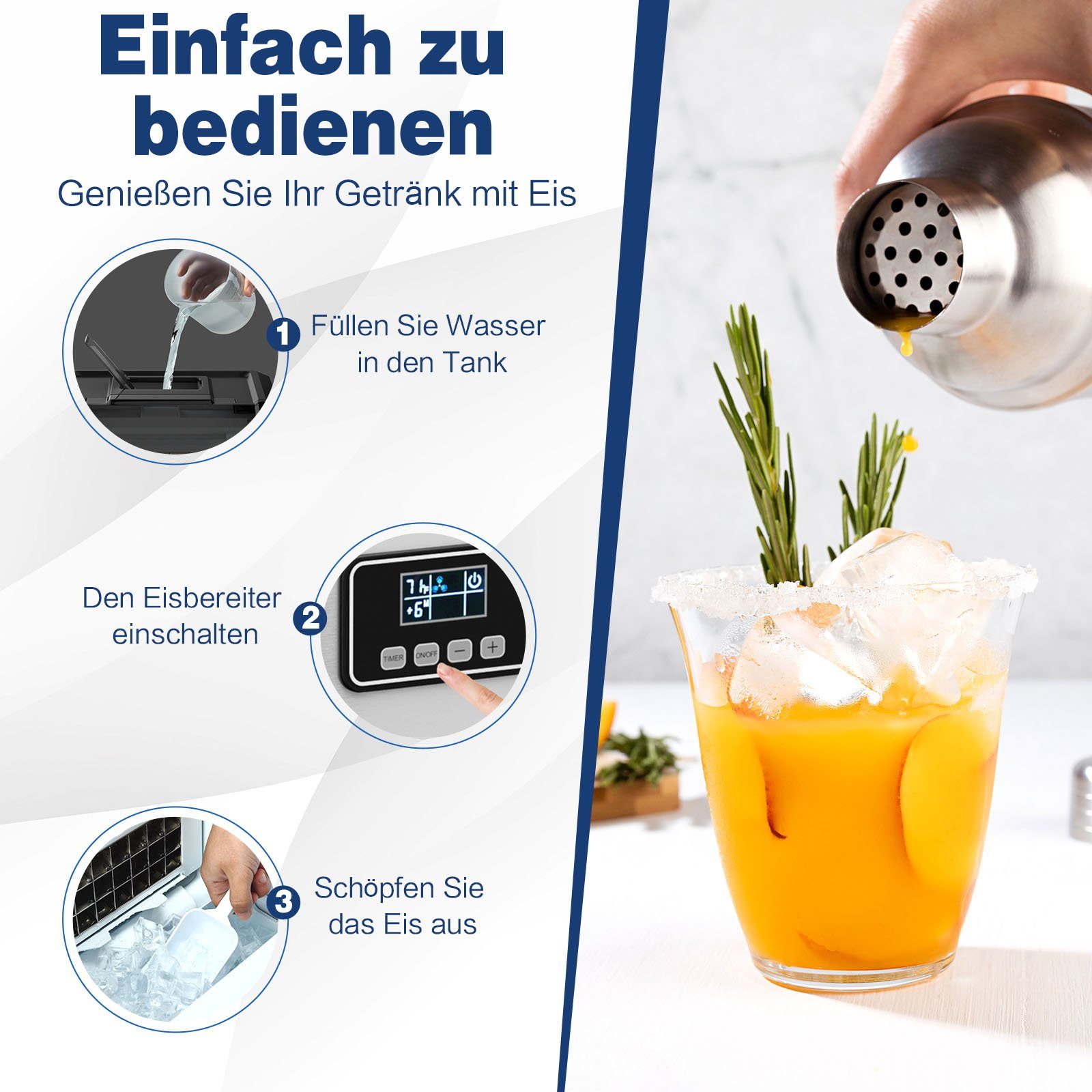COSTWAY Eiswürfelmaschine, 2,4L, 22kg/24H, 24 Eiswürfel/15min, mit Schaufel
