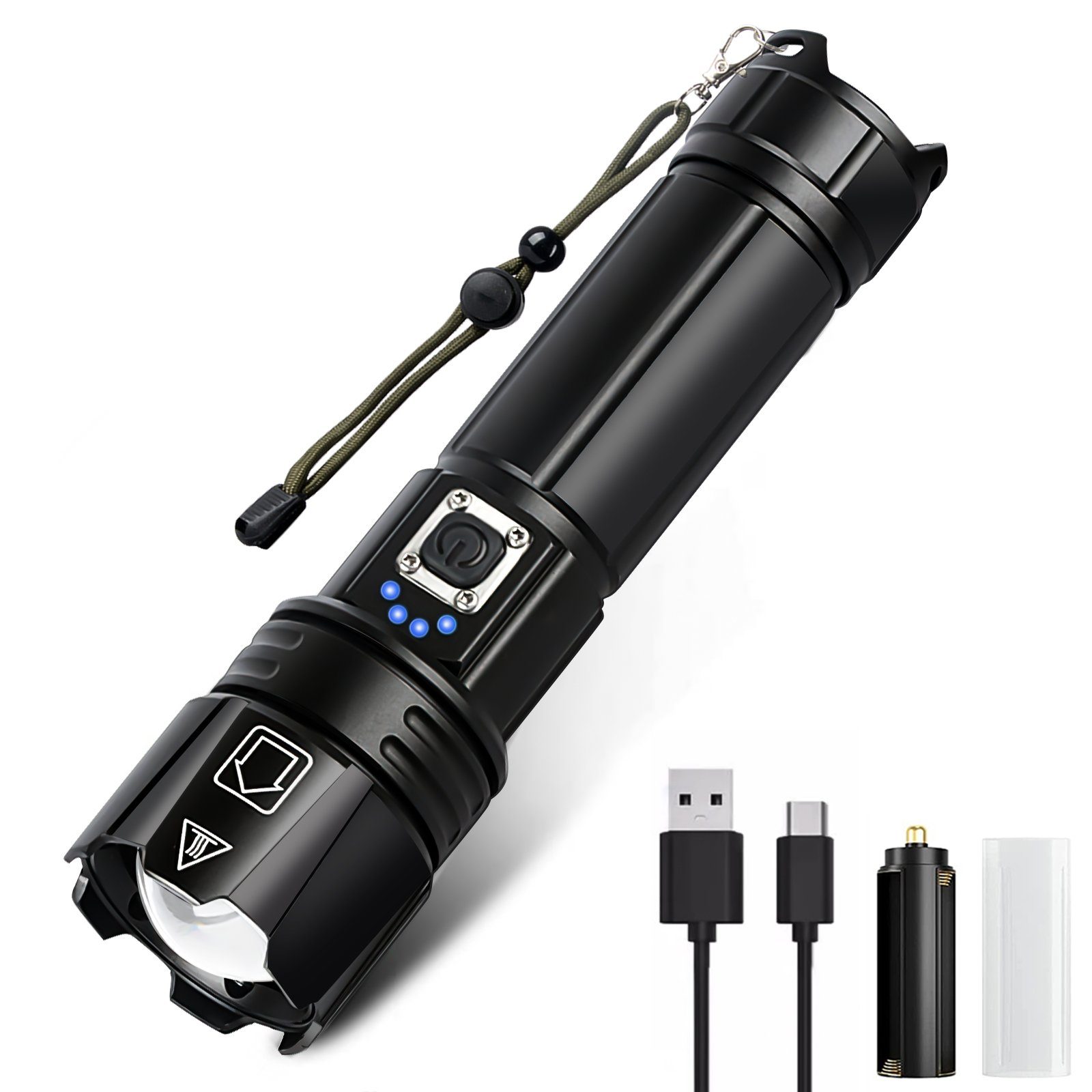 MDHAND Taschenlampe LED Aufladbar mit 5000 mAh AKKU 5 Beleuchtungsmodi IPX4 Wasserdicht, für Camping, Angeln, Outdoor und Notfälle