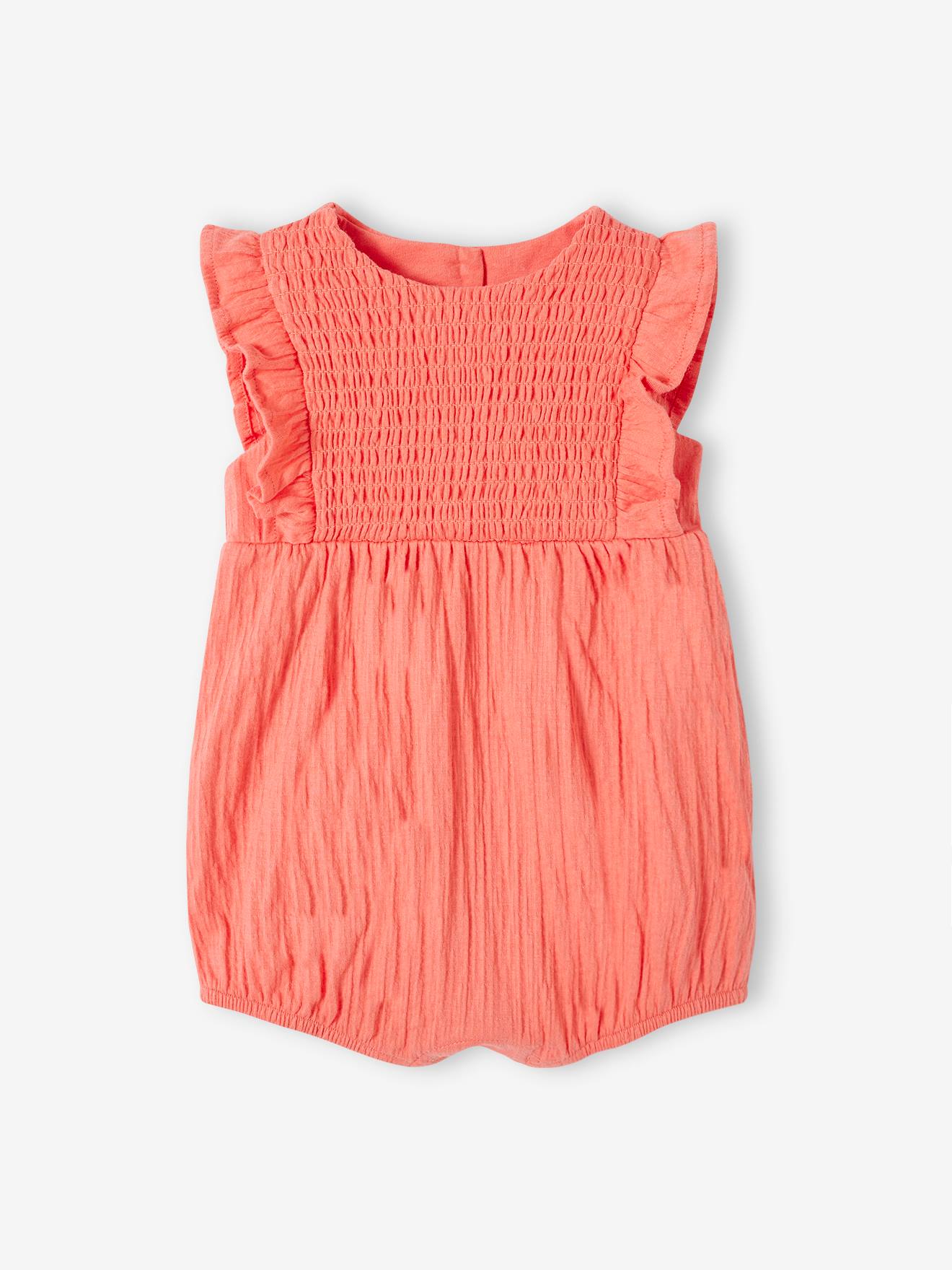 Vertbaudet Mädchen Baby Kurzoverall, Smokdetails und Volants - vanille