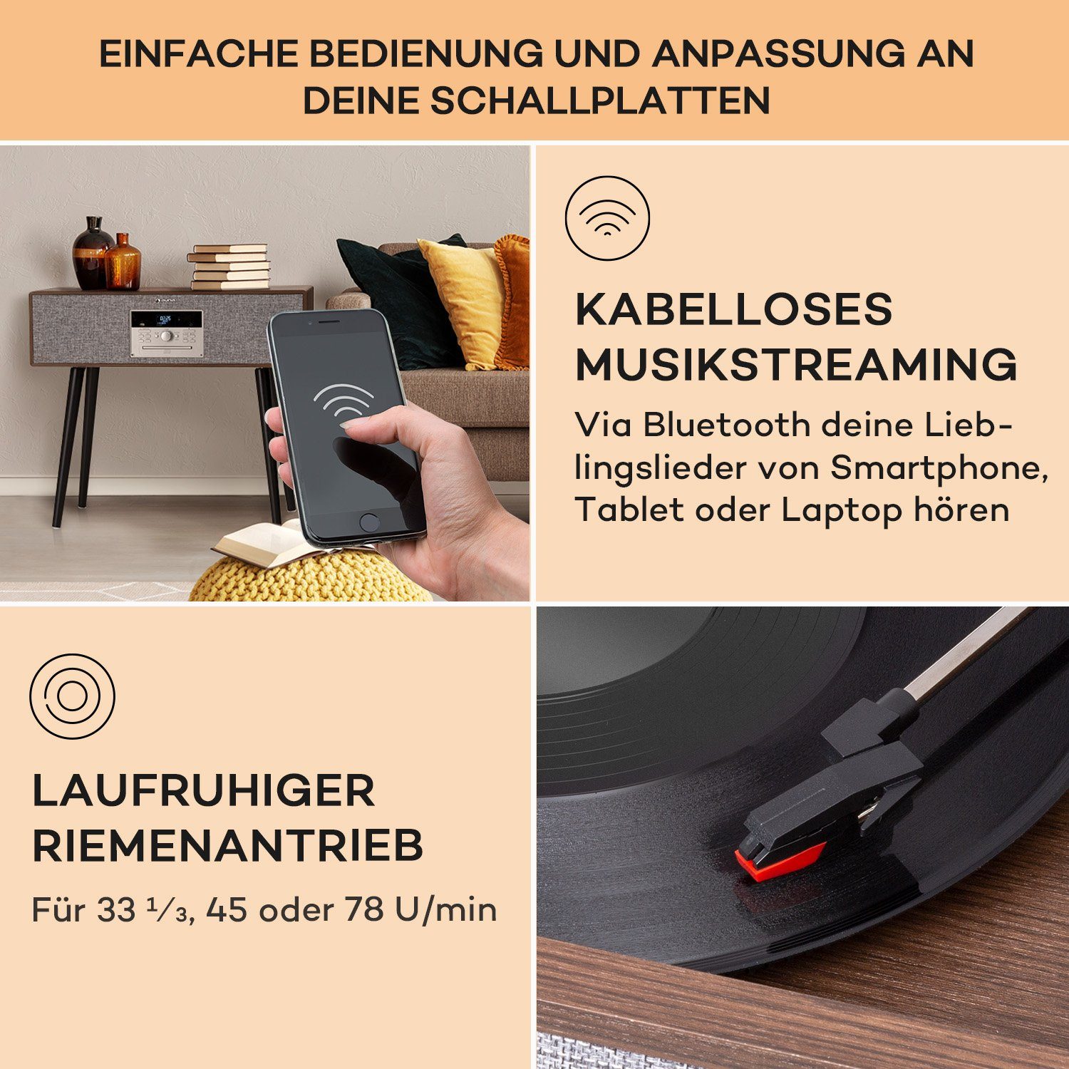 Auna Julie Ann Plattenspieler (Riemenantrieb, Bluetooth;CD, Schallplattenspieler mit Lautsprecher Radio Vinyl Plattenspieler)