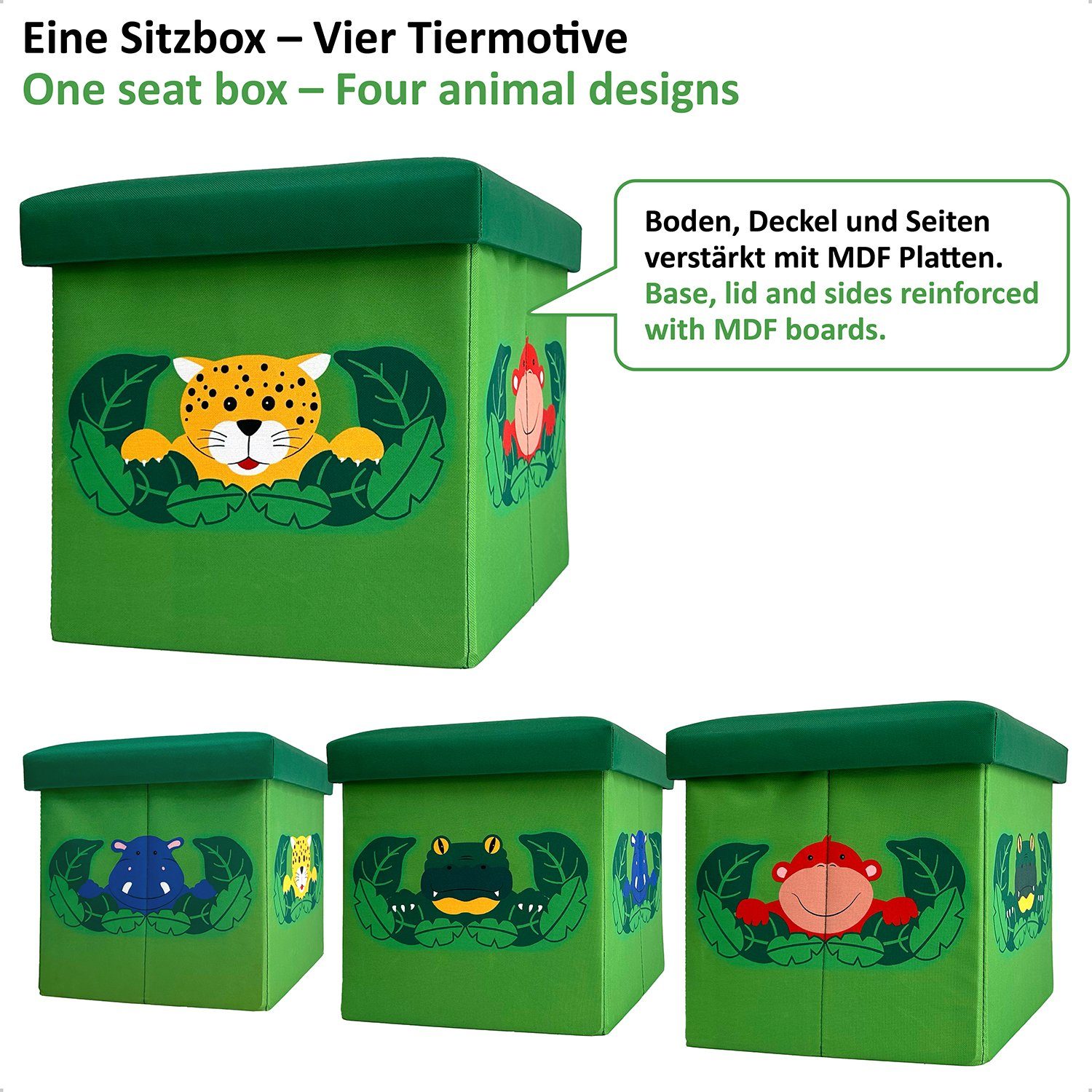 WIESEN.design Spielzeugtruhe Sitzbox Dschungel für Spielzeug Aufbewahrung, 32x32x32cm, 27L, (geeignet für Kallax-Regale), Belastbar mit 150kg, inkl. eines Baumwollsacks, gratis Versand