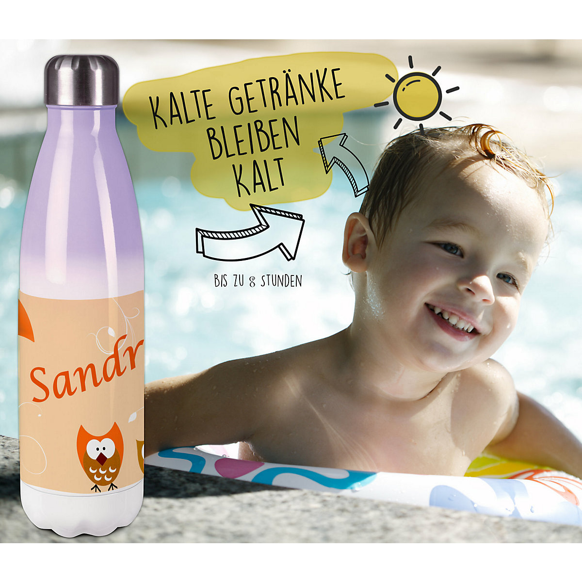 Edelstahl Kinder Thermoflasche / Trinkflasche bunt Eule Farbe orange Spülmaschinenfest, Auslaufsicher, Bruchfest, Doppelwandig, Für Heißgetränke geeignet, Mit Deckel, Isoliert