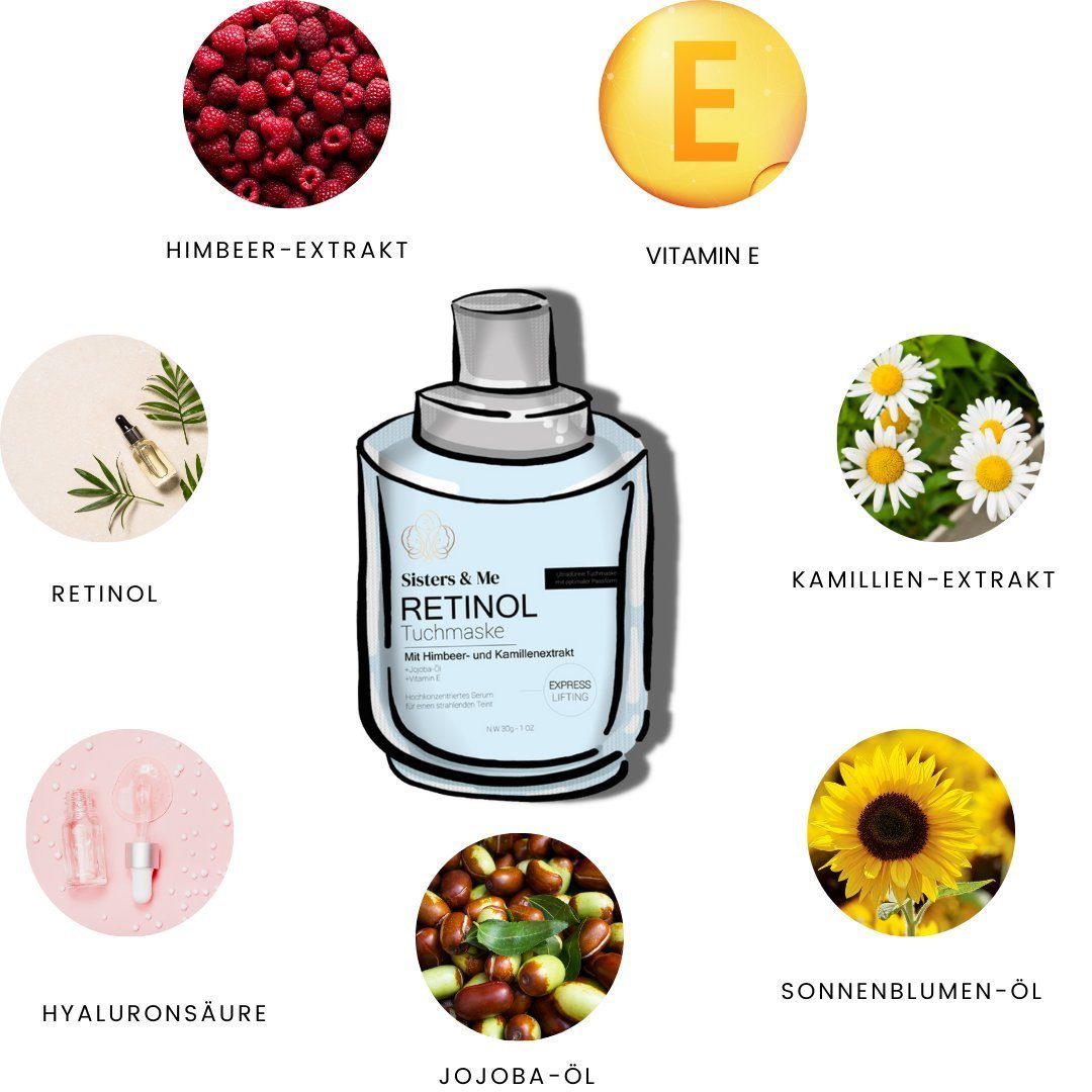 Sisters & Me Gesichtsmaske 5x Sisters & Me Retinol Serum Maske für Gesicht, Anti-Aging, 5-tlg.