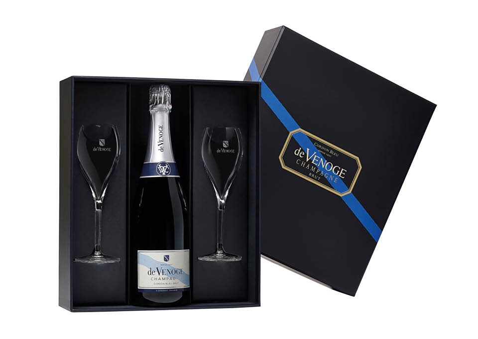 Champagne Brut AOC Cordon Bleu De Venoge 0,75 ℓ, Emballage avec flûte