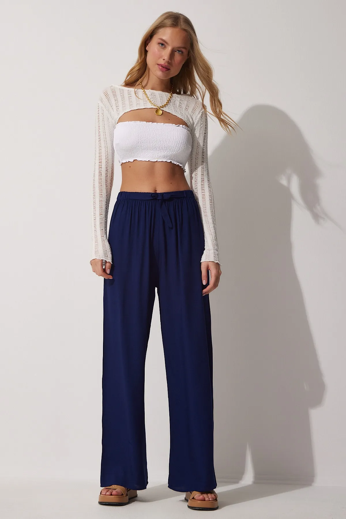 Happiness İstanbul  Marineblaue Palazzo-Viskosehose für Damen BH00322