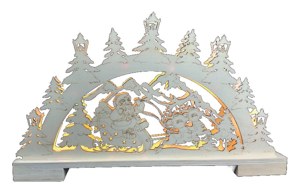 I-Glow LED-Schwibbogen aus Holz - Weihnachtsmann mit Rentierschlitten