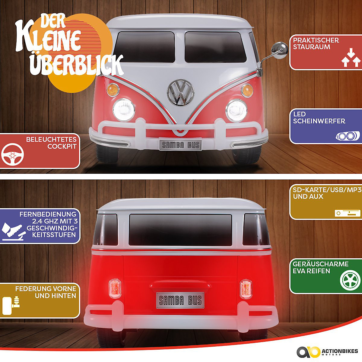 Kinder Elektroauto VW Bus Bulli T1 Samba Camper Lizenziert - 2x35 Watt - Kinderauto mit Fernbedienung - Soundmodul