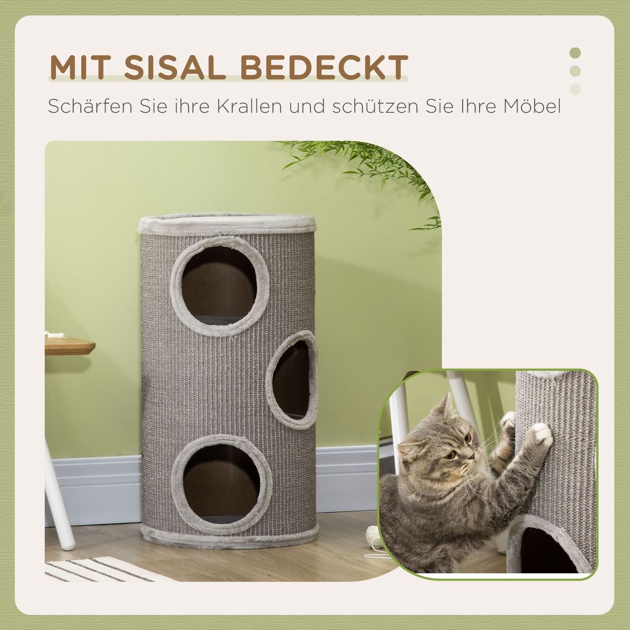 PawHut Kratztonne, Katzenkratzbaum mit 3 Höhlen, Spieltonne für Katzen, Hellgrau