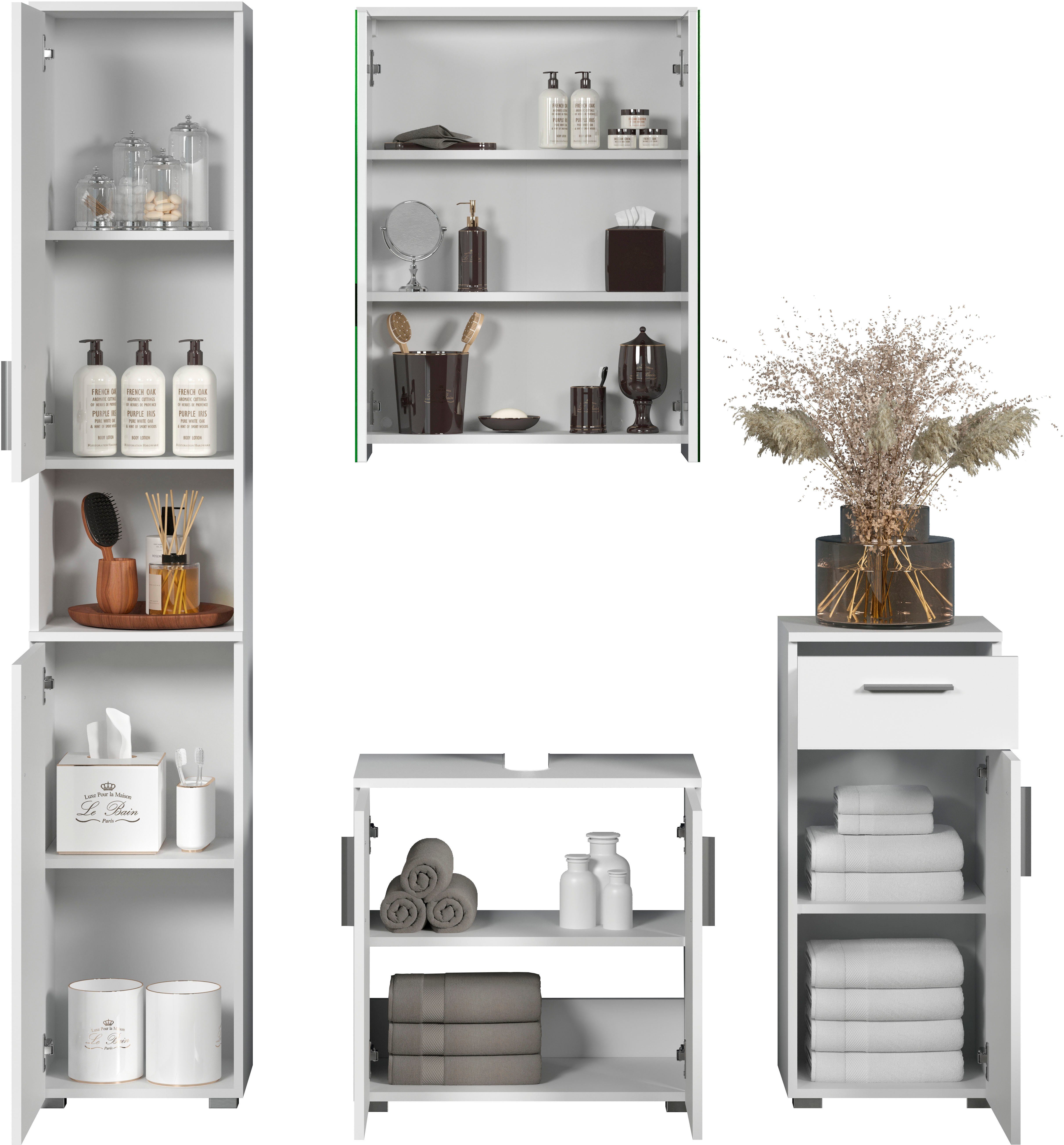welltime Badezimmer-Set Prag, (Set, 4-St), Hochschrank, Unterschrank, Waschbeckenunterschrank & Spiegelschrank