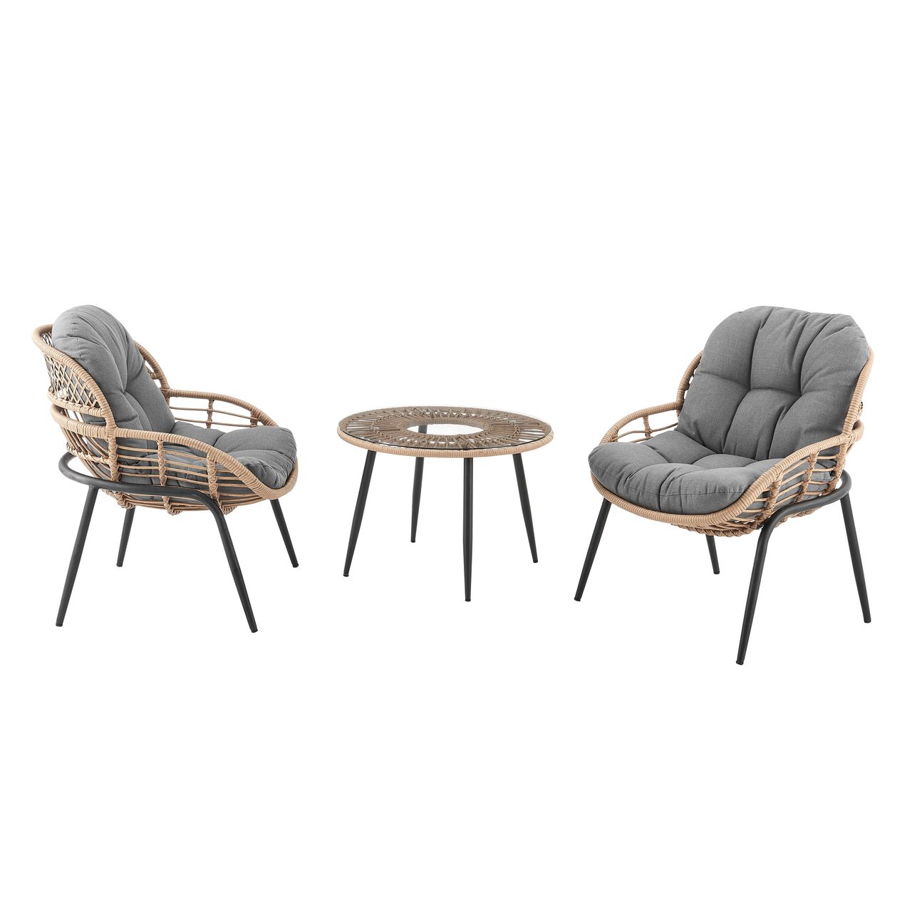 Happy Home Happy Home Dining-Set 3 tlg. HGS39-GRA helles Rattan mit Sitzkissen in grau