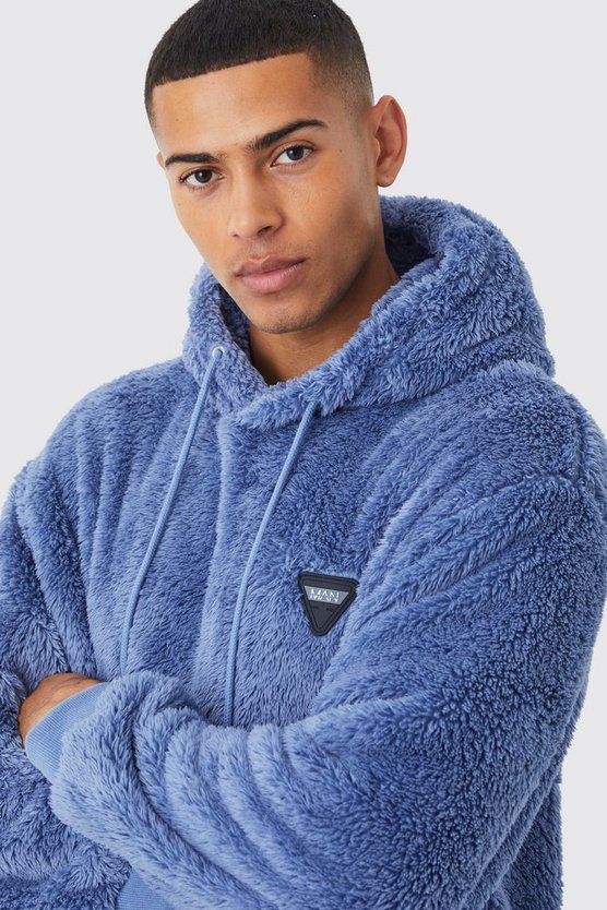 Kastiger Oversize Borg-Hoodie mit Gummi-Etikett
