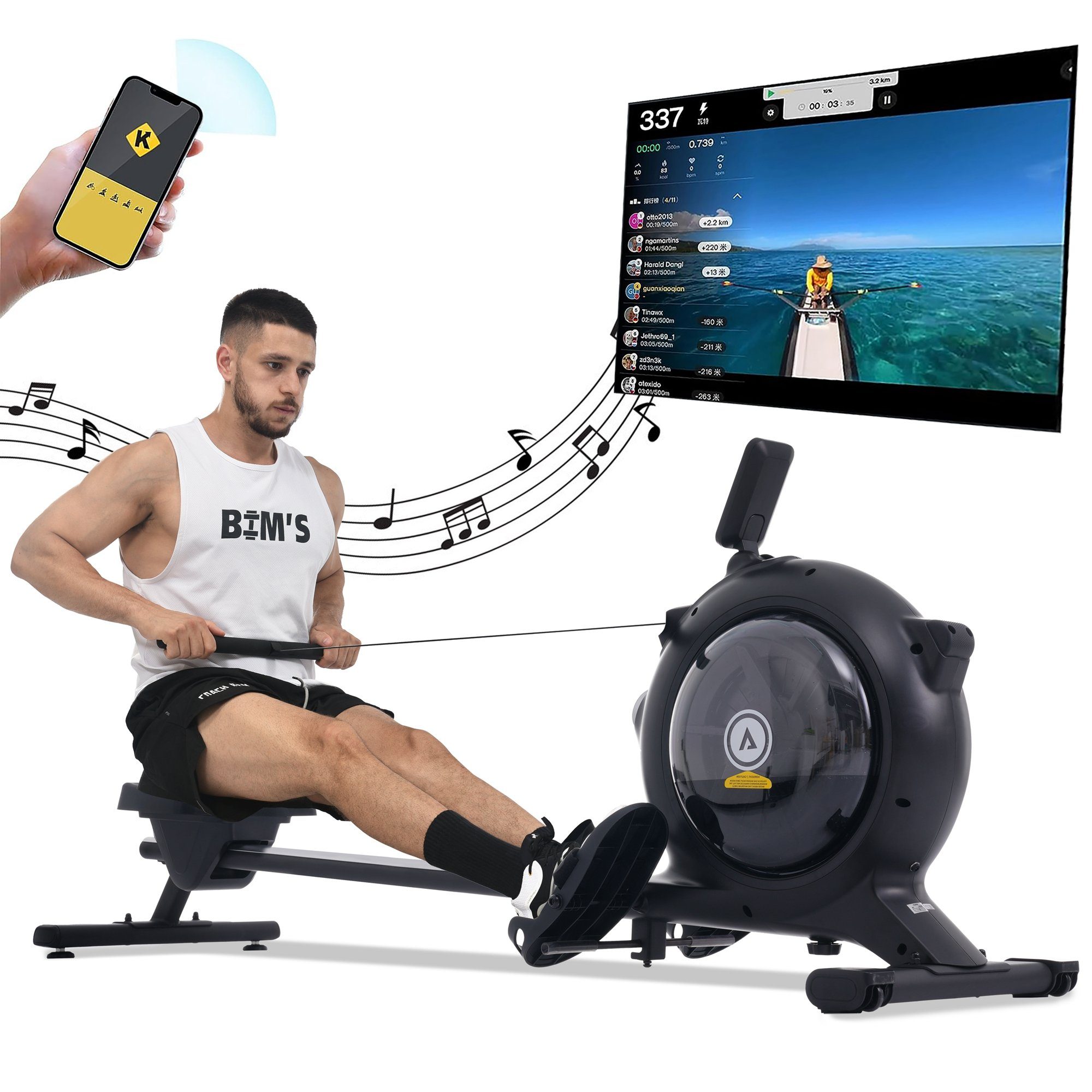 Merax Rudergerät mit APP, Bluetooth und LED-Display, 2 in 1 Wasserrudergerät mit magnetischen Widerstand